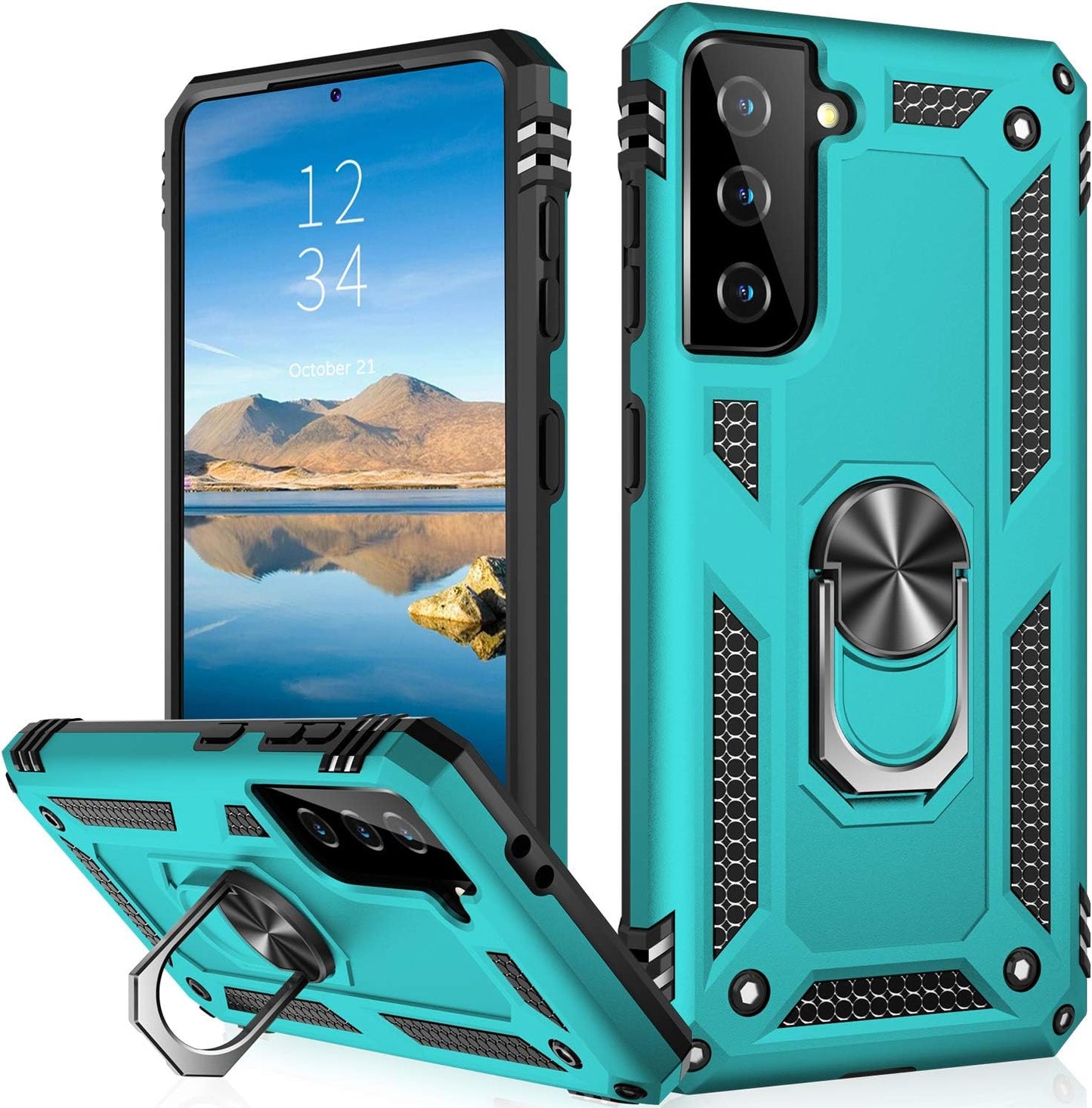 IKAZZ Galaxy S21 Case,Samsung S21 Cover Military Grade Shockproof Heavy Duty Protective Phone Case Pass 16Ft Drop Test with Magnetic Kickstand Car Mount Holder for Samsung Galaxy S21 Black  IKAZZ Turquoise Galaxy S21 Plus (Medium 6.7") 