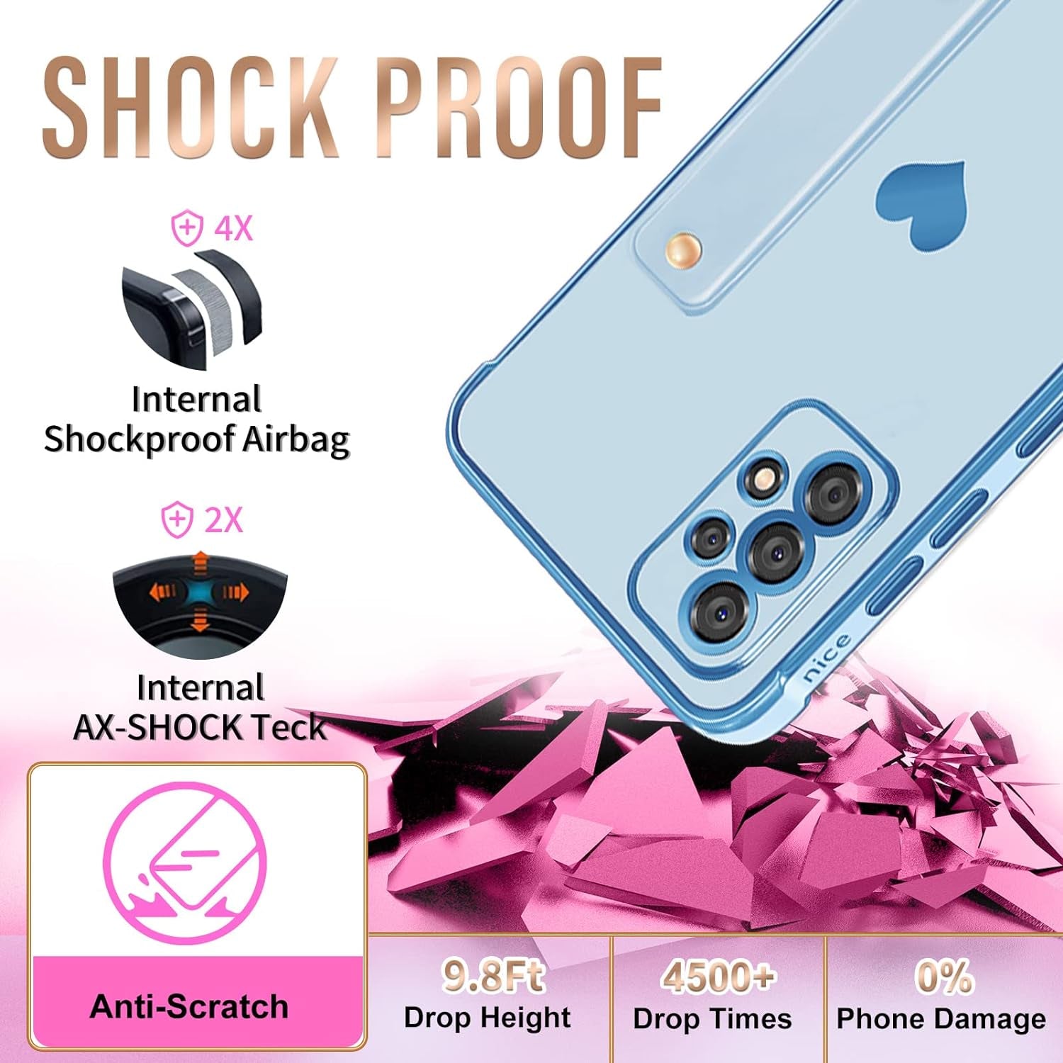 Likiyami (3In1 for Samsung Galaxy A53 5G Case Heart Women Girls Cute Girly Aesthetic Trendy Luxury Pretty with Loop Phone Cases Blue and Gold Plating Love Hearts Cover+Screen+Chain for A53 5G -6.5''  Likiyami   