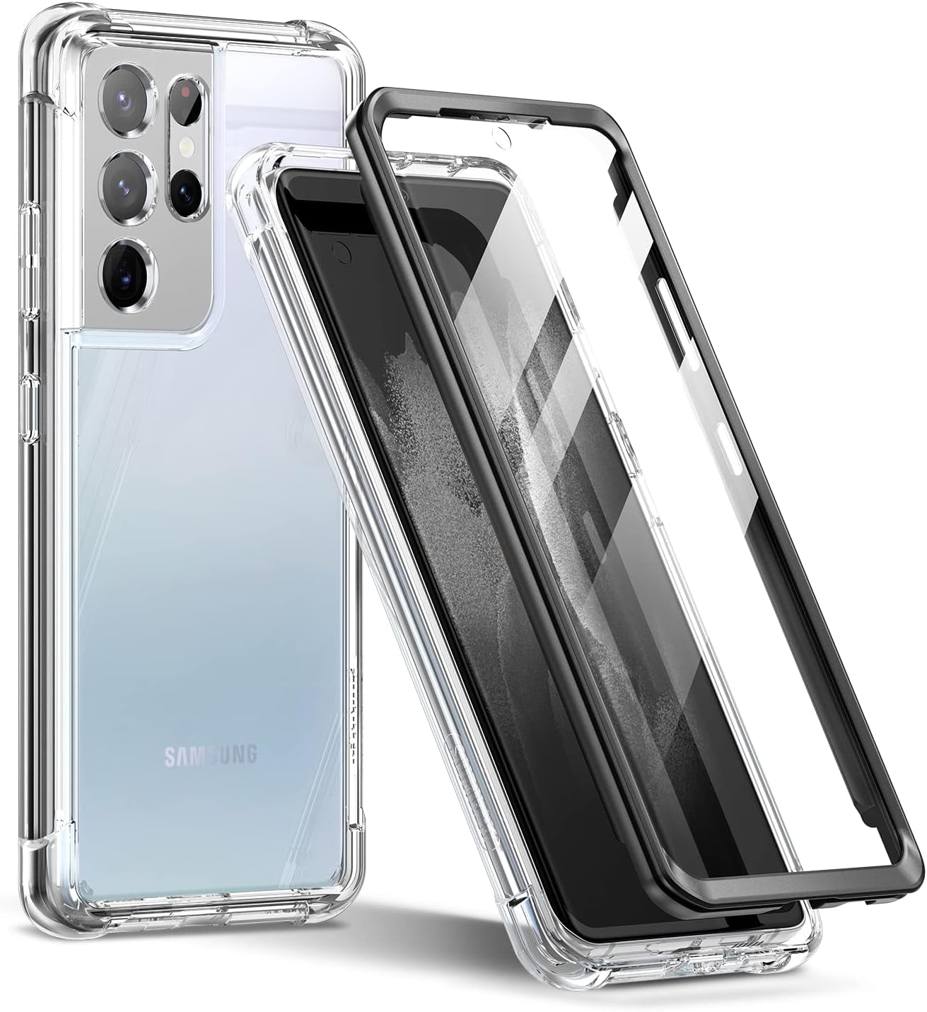 SURITCH for Samsung Galaxy S21 Ultra Clear Case 6.8" (Only), [Built-In Screen Protector] Full Body Protective Hard Shell+Soft TPU Phone Case for Samsung S21 Ultra -(Dark Magenta Edge)  SURITCH Black Edge  