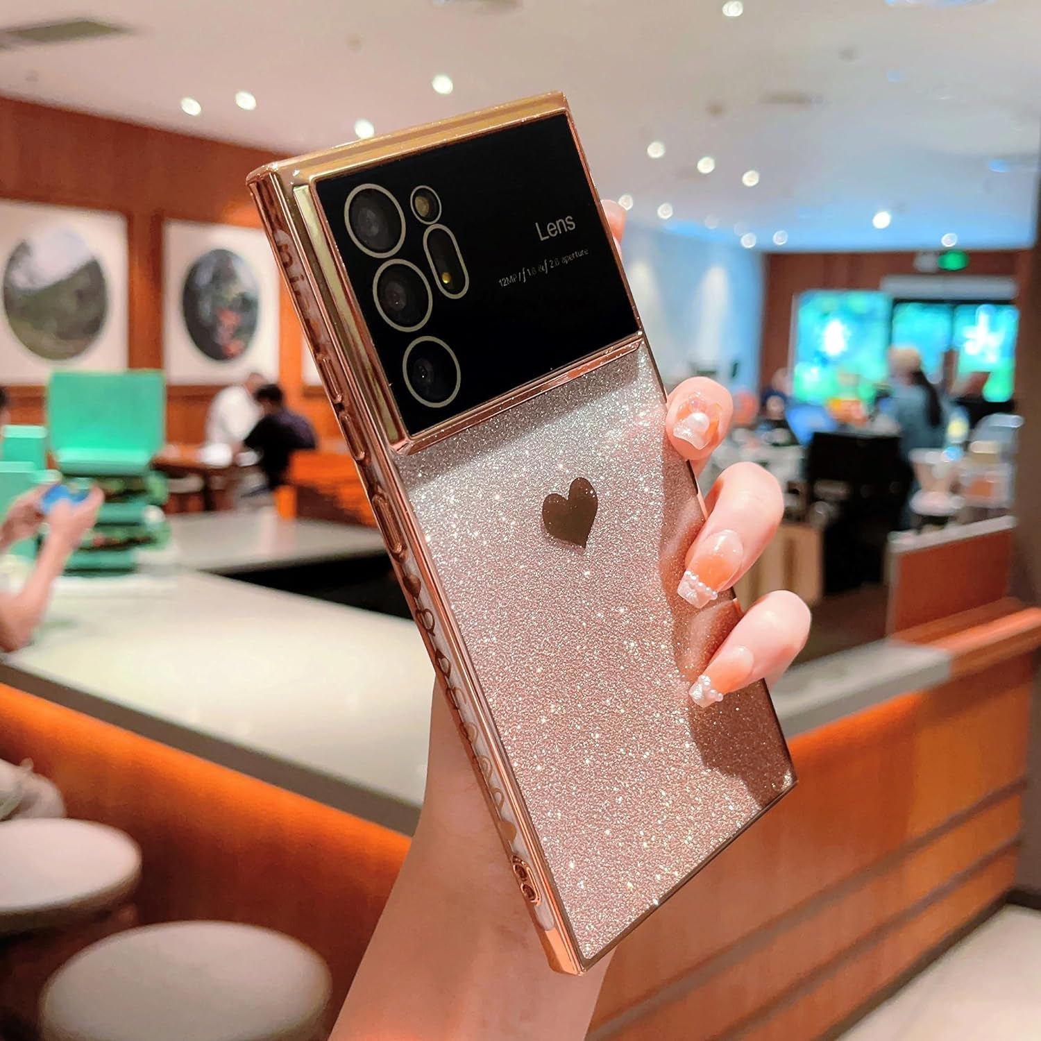 Phylla Gradient Glitter Heart for Samsung Galaxy Note 20 Ultra 5G Phone Case [Full Camera Lens Protector],Luxury Plating Slim Clear Case with Side Pattern,Soft Shockproof Protective Bumper (Gold)  PHYLLA   