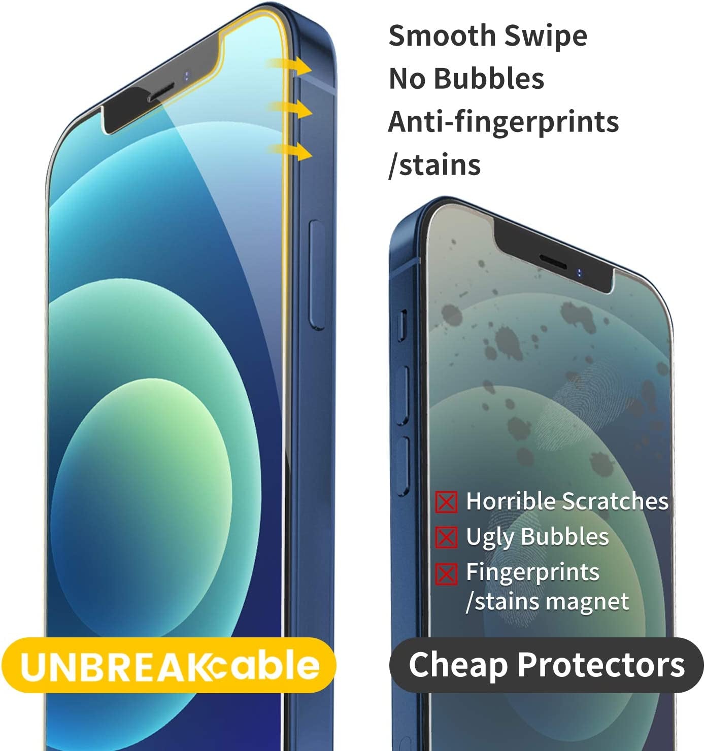 Unbreakcable 3-Pack Screen Protector for Iphone 12 / Iphone 12 Pro, Double Shatterproof Tempered Glass [Easy Installation] [9H Hardness] [99.99% HD Clear] [Case Friendly] for Iphone 6.1 Inch  UNBREAKcable   