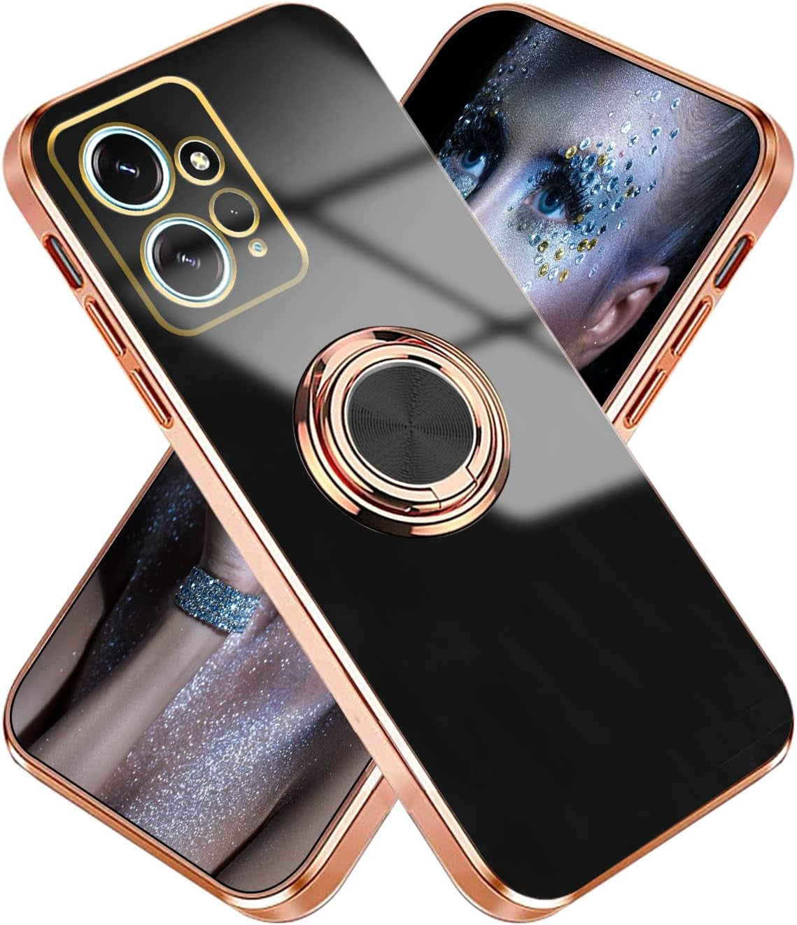 Tiwinxing Compatible with Xiaomi Redmi Note 12 4G Case for Women Men Cute Redmi Note 12 4G Phone Case Shockproof with Luxury Plating Gold Edge Kickstand Protective Cases Cover (Black)  Tiwinxing   