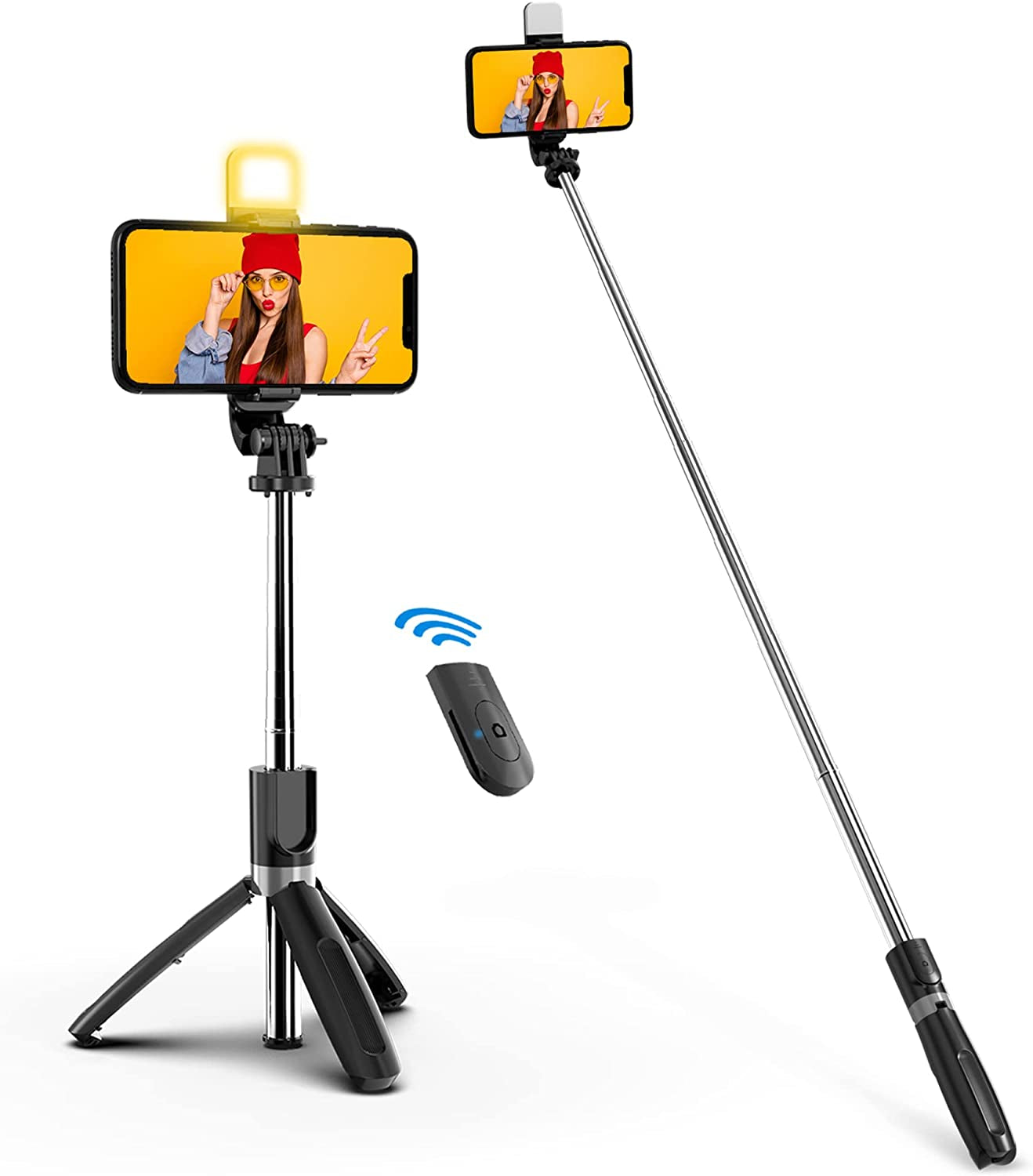 Portable Selfie Stick, Handheld Phone Tripod Stand with Detachable Wireless Remote, Selfie Stick Tripod for Iphone 14 13 12 11 Pro Xs Max Xr X 8 7 Plus, Android Moto Samsung Google Smartphone, More  LDP Stainless Steel & With Light  