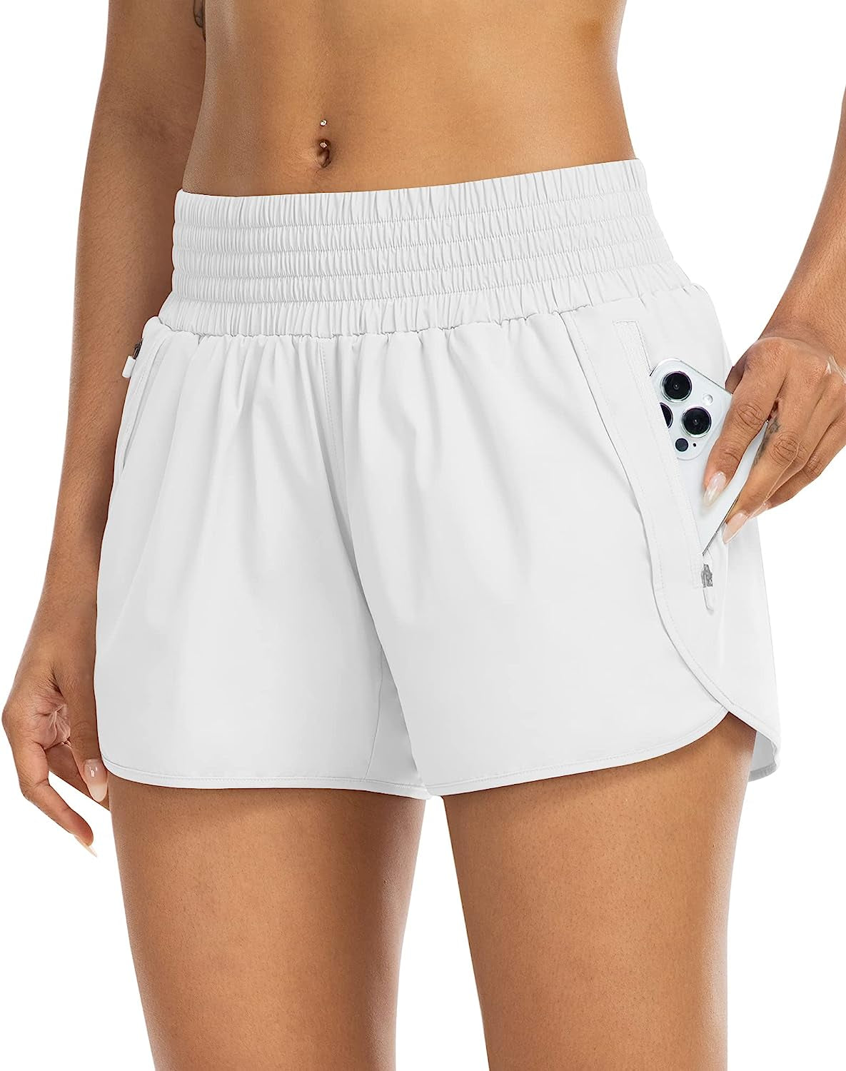 YEZII Athletic Shorts for Women with Pockets High Waist Running Workout Shorts Gym Yoga White Summer Shorts  YEZII White Small 