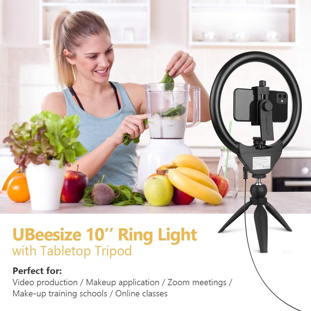 Ubeesize 10" Selfie Ring Light with Tripod Stand & Cell Phone Holder, Dimmable Desktop LED Circle Light for Live Streaming/Makeup/Youtube/Tik Tok, Compatible with Ios and Android Phones  UBeesize   