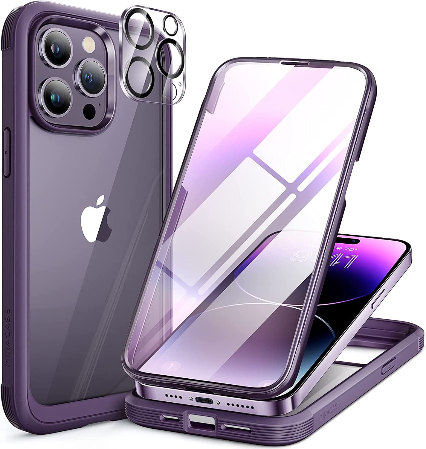 Miracase Glass Series Compatible with Iphone 14 Pro Case 6.1 Inch, 2023 Full-Body Clear Bumper Case with Built-In 9H Tempered Glass Screen Protector, with Camera Lens Protector, Black  Miracase Purple  