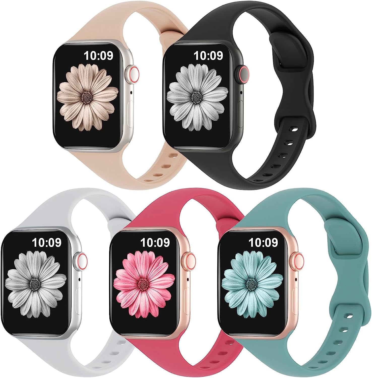 TSAAGAN 5 Pack Silicone Slim Bands Compatible with Apple Watch Band 38Mm 42Mm 40Mm 44Mm 41Mm 45Mm 49Mm, Soft Narrow Sport Strap Thin Wristband for Iwatch Ultra Series 8/7/SE/6/5/4/3/2/1 Women Men  TSAAGAN Milk Tea/Black/Gray/Hibiscus/Cactus 38/40/41mm 