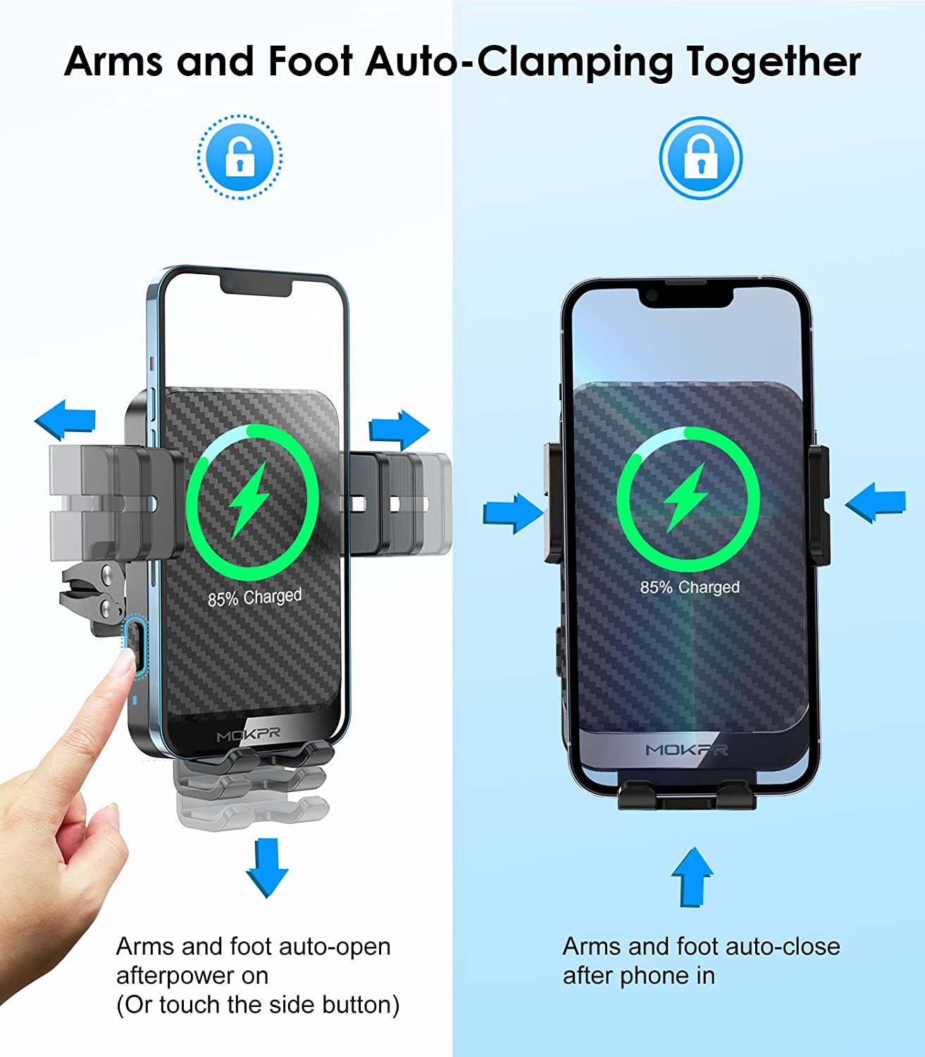 Wireless Car Charger, MOKPR 15W Fast Charging Auto-Clamping Car Charger Phone Mount Air Vent Cell Phone Holder Compatible Iphone 14/13/13 Pro/12 Pro/12/11/X/8, Samsung Galaxy S23/S22/S21/S20, Etc  MOKPR   