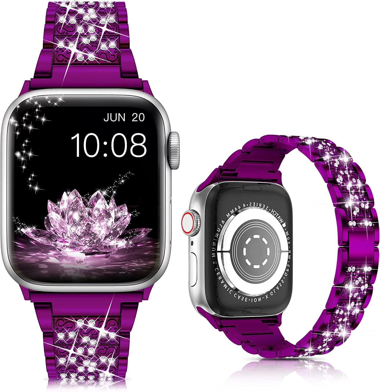 LELONG for Apple Watch Band 38Mm 40Mm 41Mm Series 8 7 6 5 4 3 2 1 SE Ultra for Women, Bling Replacement Bracelet Iwatch Band, Sparkle Diamond Rhinestone Stainless Steel Metal Wristband Strap  LELONG AH-Purple 38mm/40mm/41mm 