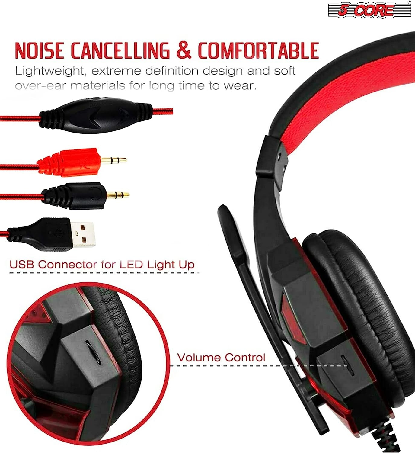 5 CORE 2Pcs Gaming Headset for PS4 PC One PS5 Console Controller, Noise Cancelling Microphone over Ear Stereo Earphones with Mic, LED Light, Bass, Earmuffs for Laptop NES Games Red & Blue HDP GM1 R+B  5 Core Inc.   