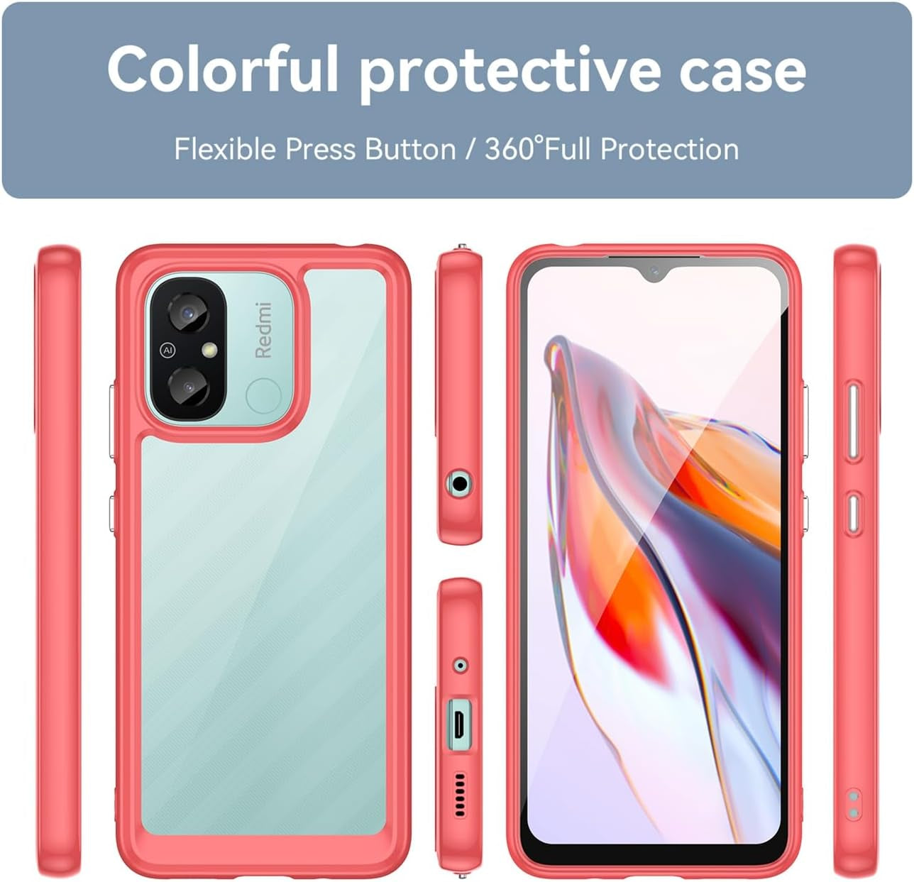 GTBDEKI Clear Case for Redmi 12C/Poco C55/Redmi 11A 22120RN86G Case with HD Screen Protector, Anti-Scratch Shockproof Clear Hard PC + TPU Bumper Protective Cover Case for Xiaomi Redmi 12C Crystal Red  GTBDEKI   
