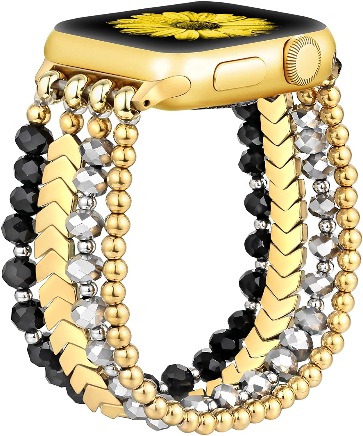 Fastgo Bracelet Band Beaded Compatible with Apple Watch 38Mm 40Mm 41Mm 42Mm 44Mm 45Mm 49Mm Women, Fashion Elastic Stretch Strap Bands for Iwatch SE &Series Ultra 8 7 6 5 4 3 2 1(Black/Sliver/Grey,S/M)  fastgo Y-Black/Gold/Gray 38mm/40mm/41mm-M/L(6.1”-6.9”) 