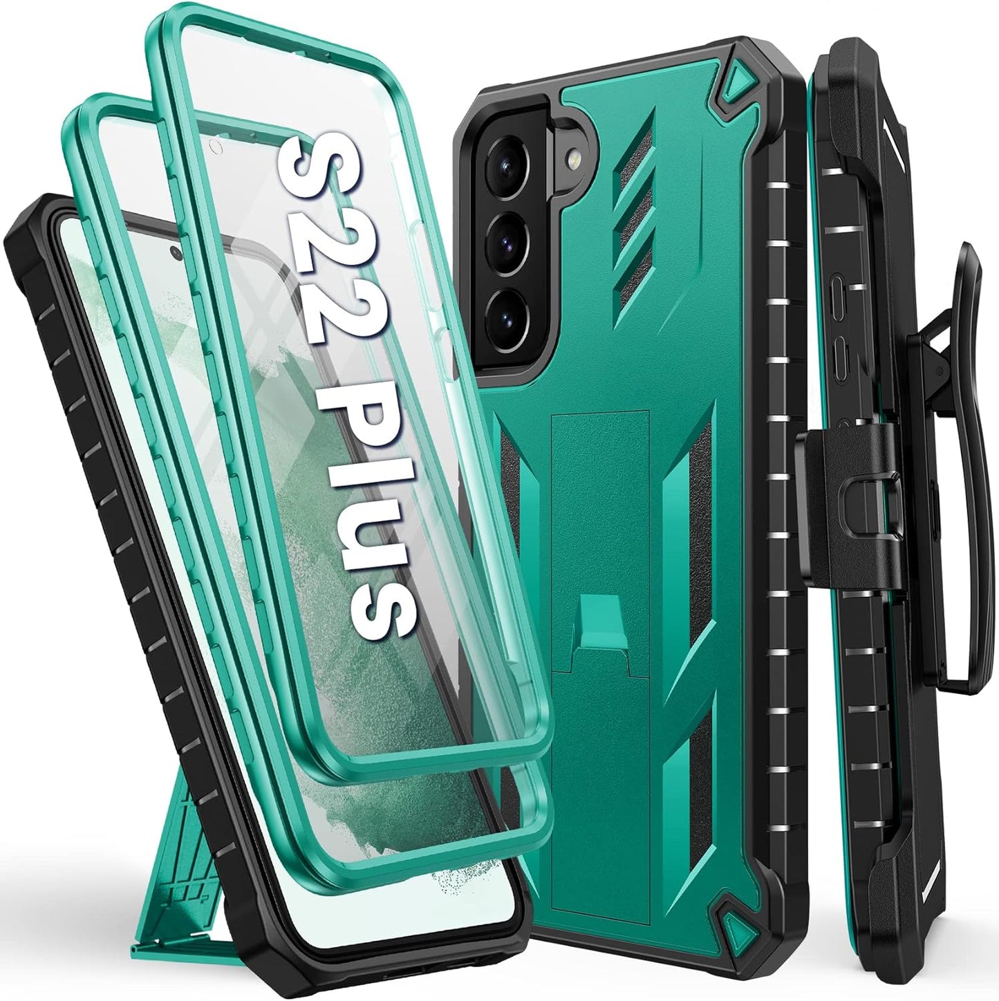 FNTCASE for Samsung Galaxy S22 plus Case: Shockproof Durable S22+ Cell Phone Cover with Built-In Kickstand | TPU Bumper Textured | Full-Body Protective Rugged Belt-Clip Holster Designed Black  DAMAI Green  