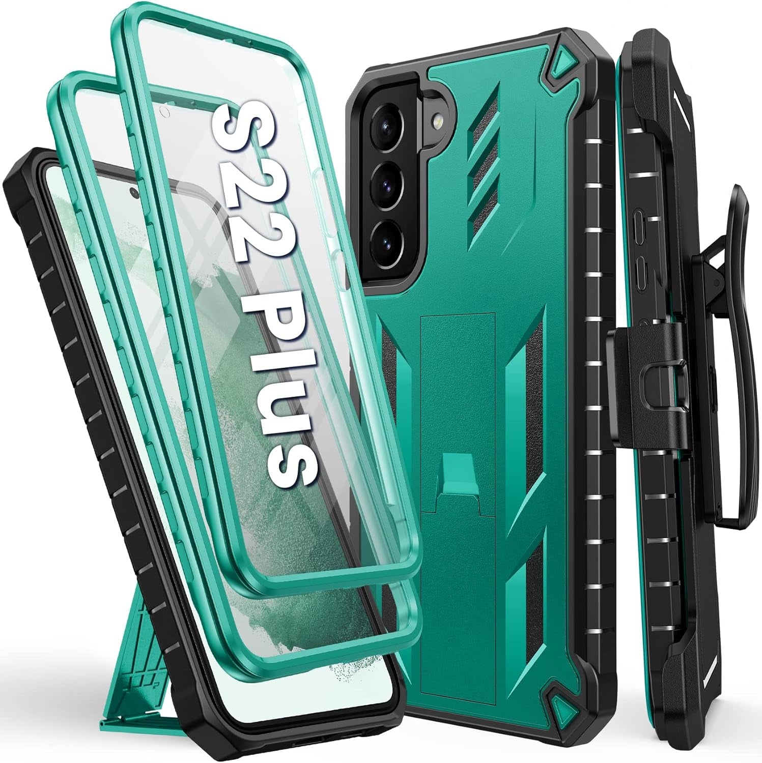 FNTCASE for Samsung Galaxy S22 plus Case: Shockproof Durable S22+ Cell Phone Cover with Built-In Kickstand | TPU Bumper Textured | Full-Body Protective Rugged Belt-Clip Holster Designed Black  DAMAI Green  
