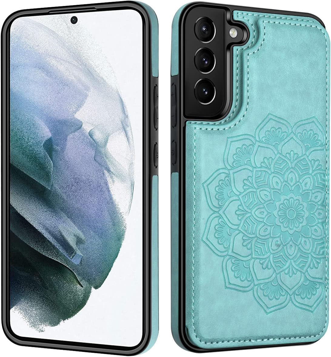 MMHUO for Samsung Galaxy S22 Case with Card Holder,Flower Magnetic Back Flip Case for Samsung Galaxy S22 Wallet Case for Women,Protective Case Phone Case for Samsung Galaxy S22 5G (2022),Mint  MMHUO   