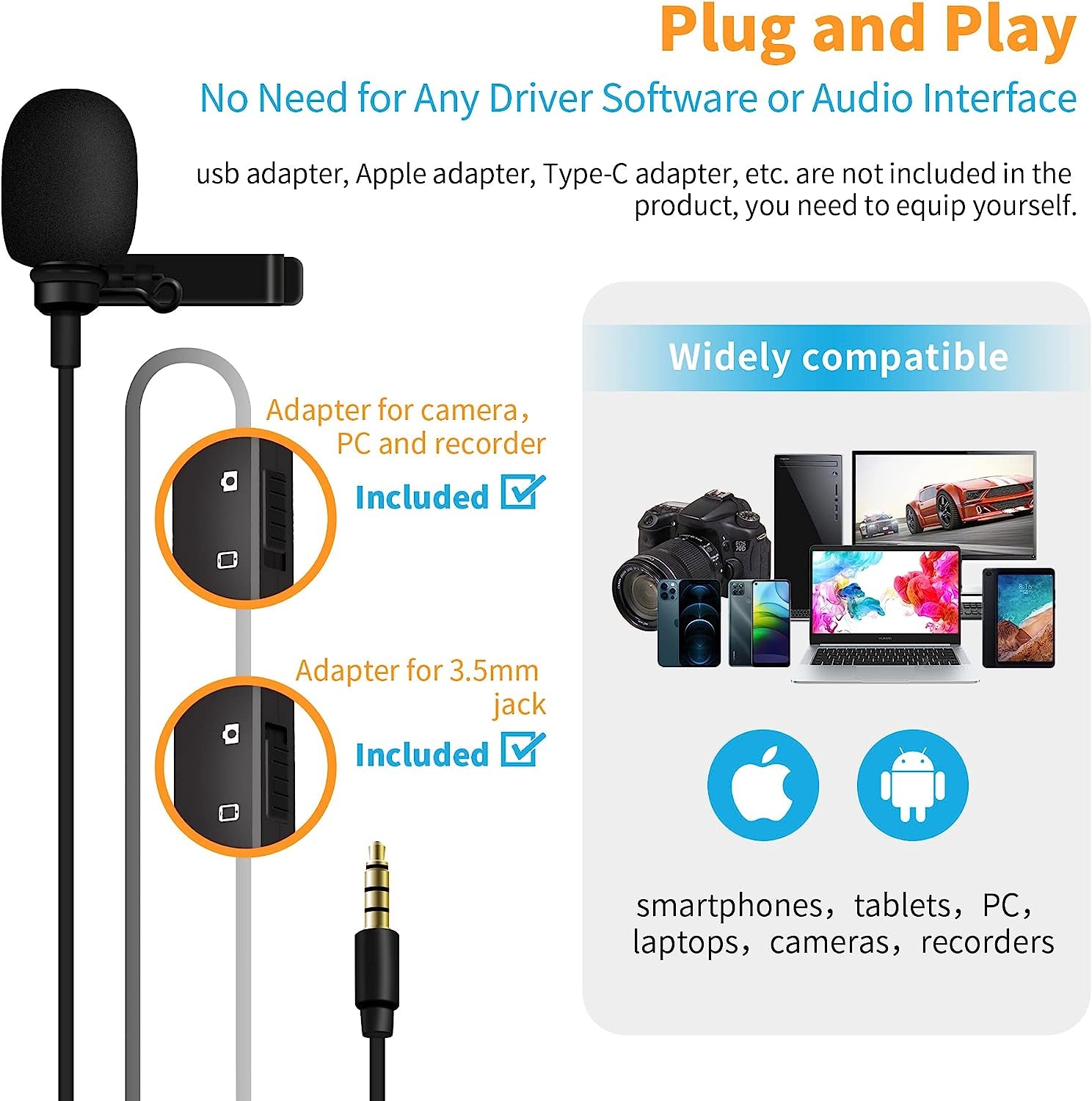 REALMIC Professional Lavalier Omnidirectional Condenser Microphone for Ipone and Android Smartphone Audio Video Recording, Plug and Play-For Youtube Tiktok Podcast Interviews  REALMIC   
