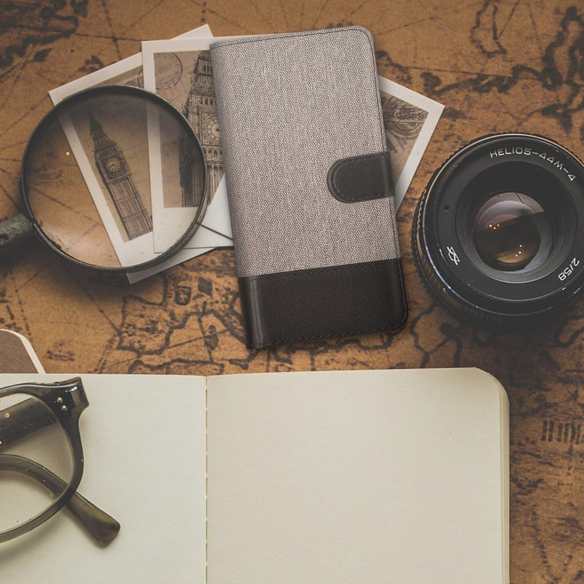 Kwmobile Wallet Case Compatible with LG G6 - Case Fabric and Faux Leather Phone Flip Cover - Grey/Black  KW-Commerce   