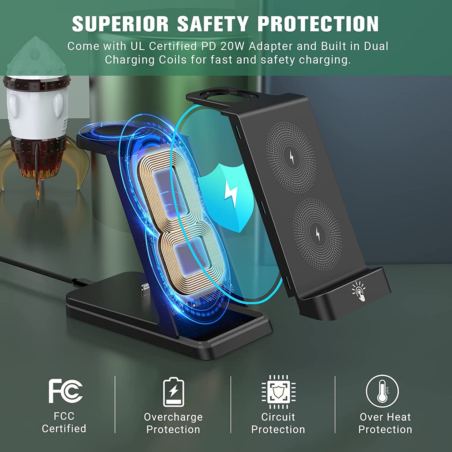 Charging Station for Apple Devices, 3 in 1 Wireless Charger Stand with 20W USB C Adapter Compatible with Iphone 14 13 12 11 Pro Max 8 XS XR, Fast Charging Stand Dock for Apple Watch Series & Airpods  HUIZHOU OJD TECHNOLOGY CO.,LTD   