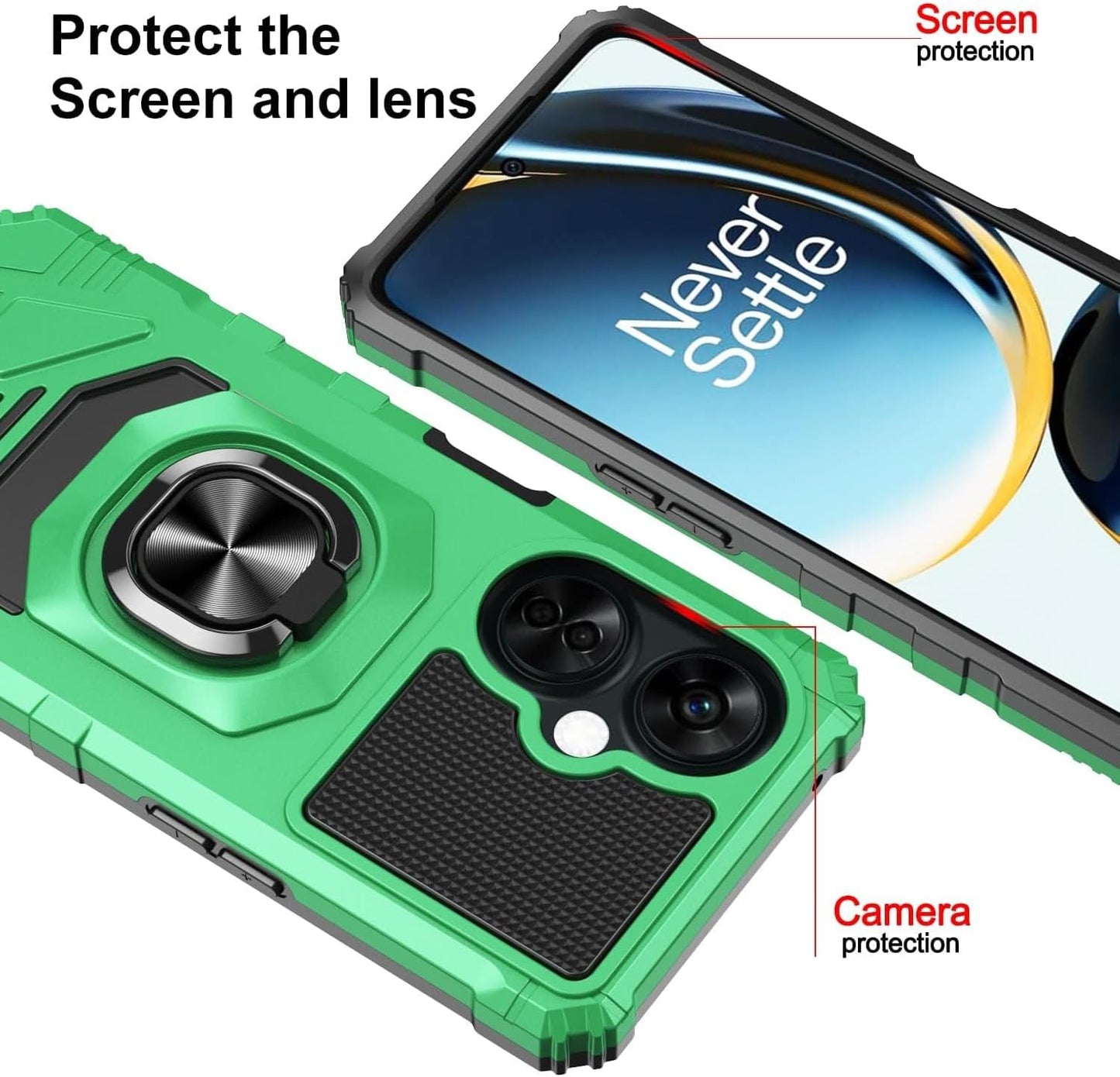 TJS Compatible for Oneplus Nord N30 5G Case, with Tempered Glass Screen Protector, Metal Ring Magnetic Support Kickstand Heavy Duty Drop Protection Cover Phone Case (Green)  TJS   