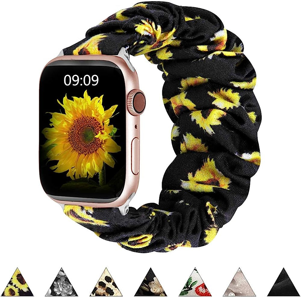 BMBMPT Scrunchie Elastic Watch Band Compatible with Apple Watch Band 38Mm 40Mm 41Mm 42Mm 44Mm 45Mm Cloth Soft Pattern Printed Fabric Wristband for Iwatch Series 8 7 6 5 4 3 2 1 SE  BMBMPT Sun Flower 42mm/44mm/45mm Large size 