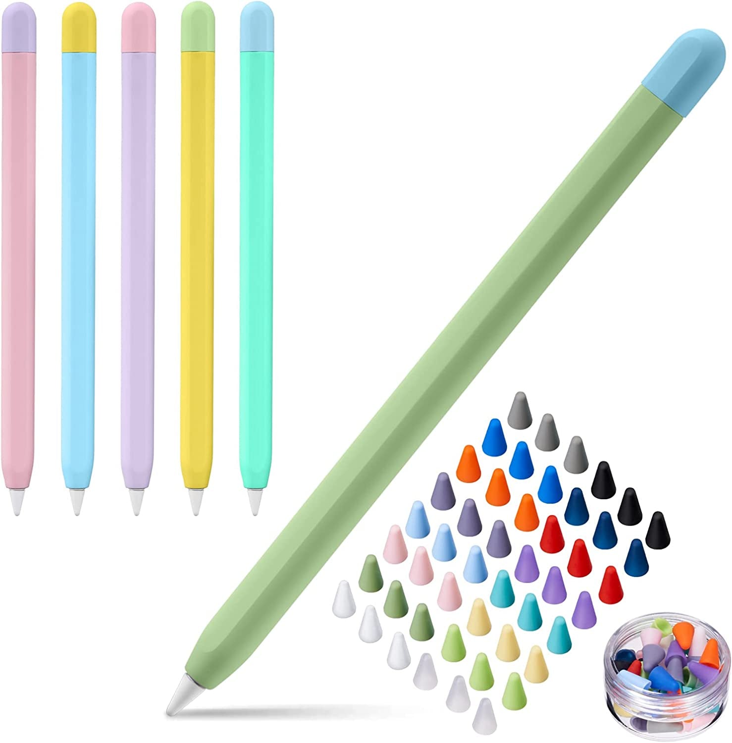 LINGXIU 2 Pack Silicone Case Cover Compatible with Apple Pencil 2Nd Generation, Slim Lightweight Pencil Case Skin Sleeve Accessories and 16 Pcs Nib Covers,16 Colors  LINGXIU Pink + light yellow + sky blue + mint green + purple + grass green  