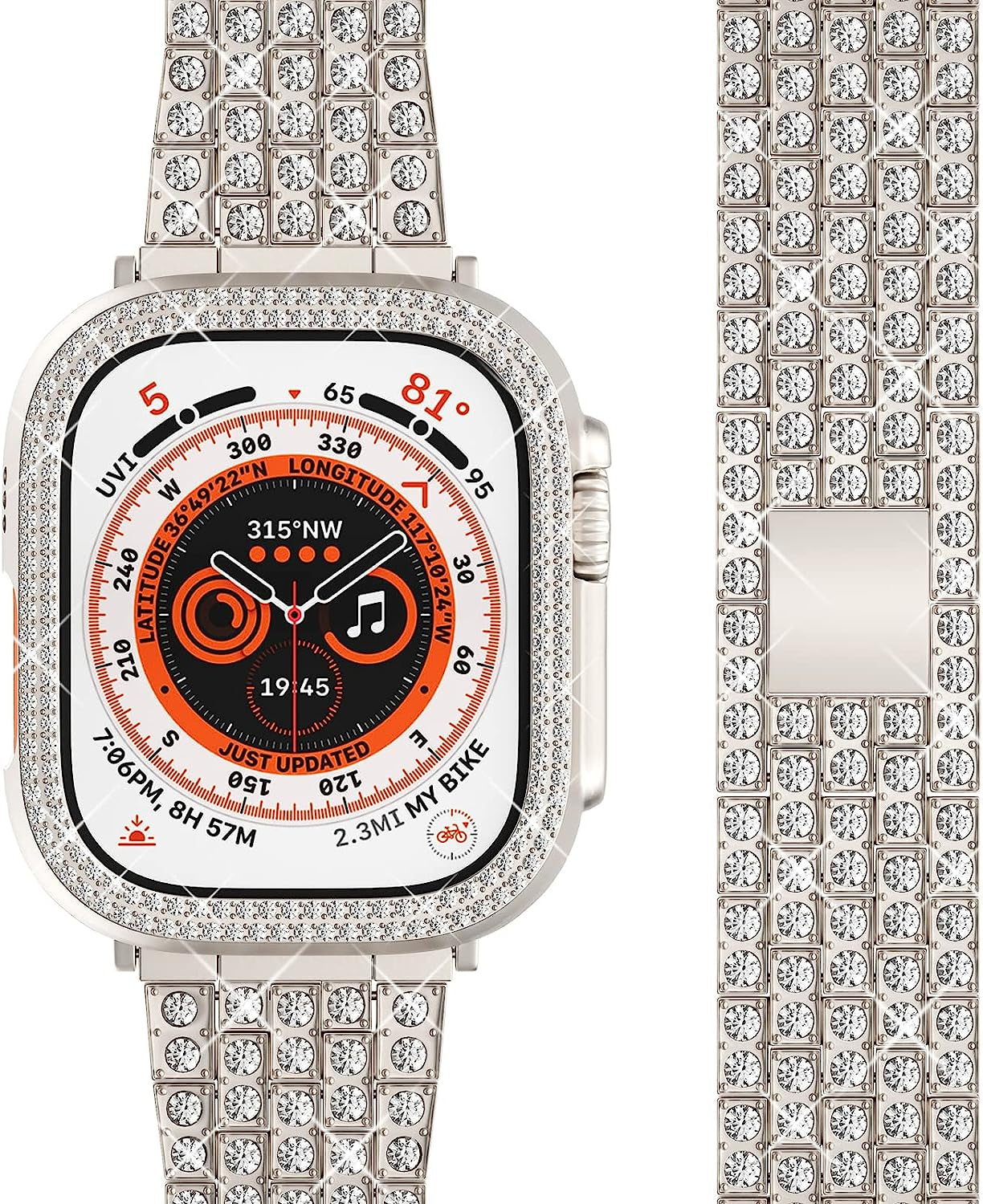 QVLANG Compatible Apple Watch Band Ultra 49Mm, Bling Series Band for Women + Diamond Rhinestone Case, Stainless Steel Metal Bracelet Strap for Iwatch Ultra (Silver, 49Mm)  QVLANG Starlight 49 mm 