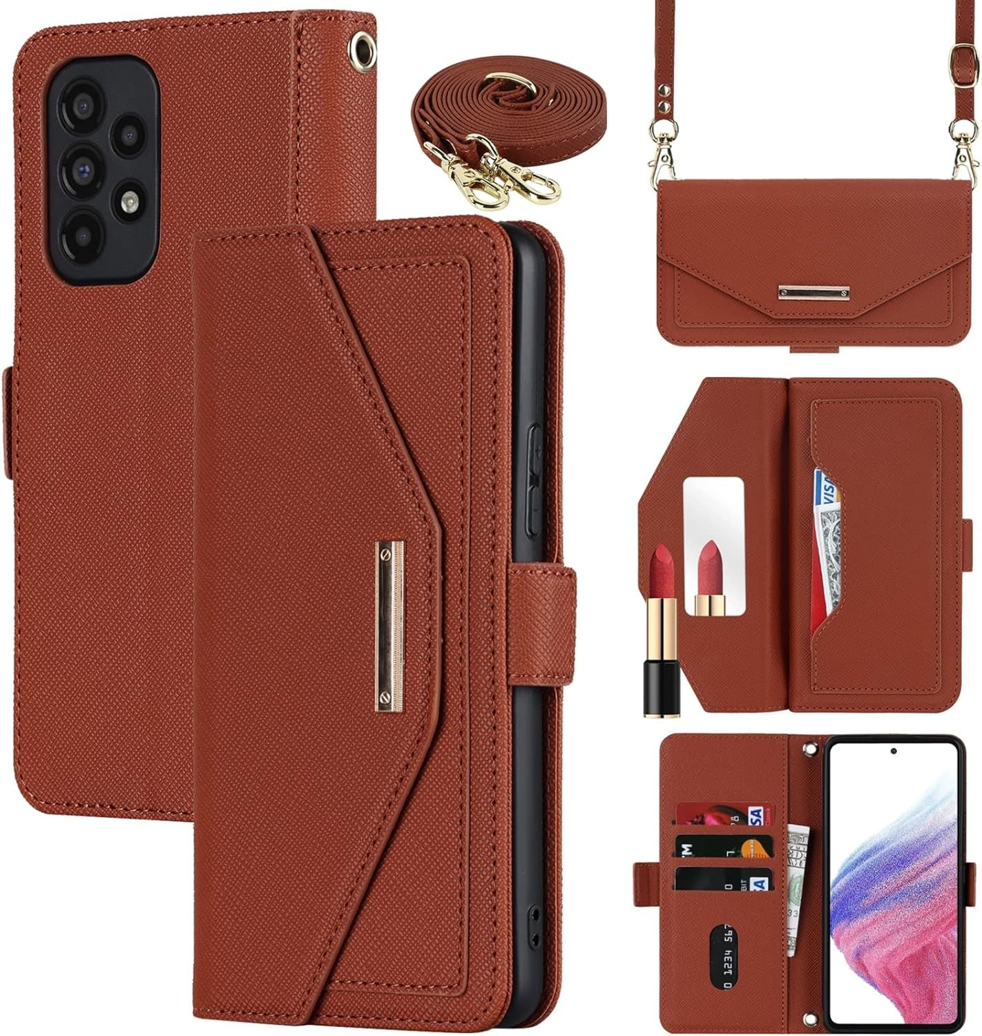 Jaorty Samsung Galaxy A53 5G Phone Case for Women with Card Holder,Samsung A53 Case Wallet Crossbody Lanyard with Strap,Credit Card Slots Kickstand Case with Ring Holder,6.5 Inch,Black Leopard  Jaorty Brown  