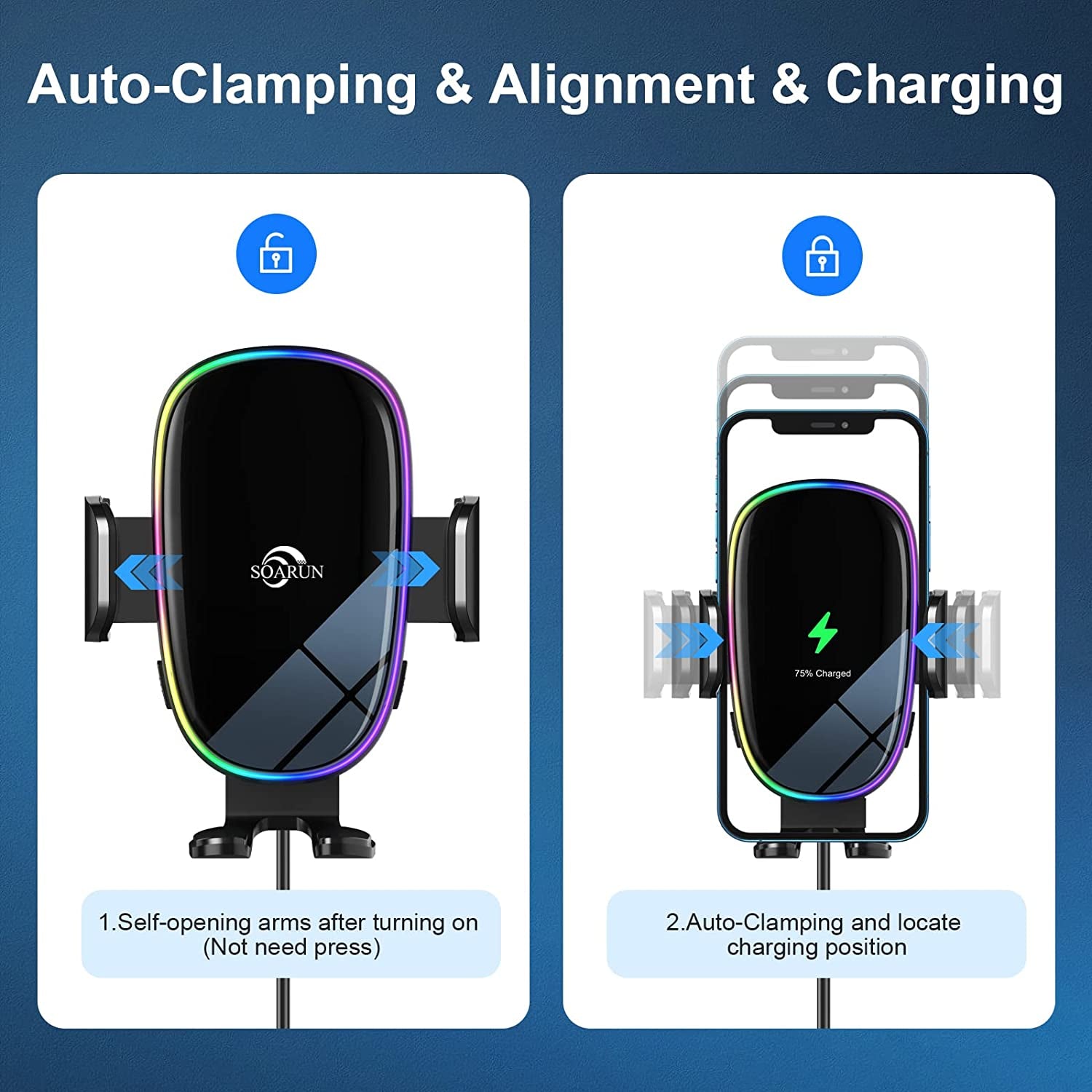 Wireless Car Charger Mount, SOARUN [Unique 7 Colors LED Dynamic Backlit] 15W Wireless Fast Charging Car Phone Holder, Auto-Clamping Wireless Car Charger for Iphone 14 Pro 13 12, Samsung S23 Ultra S22  SOARUN   