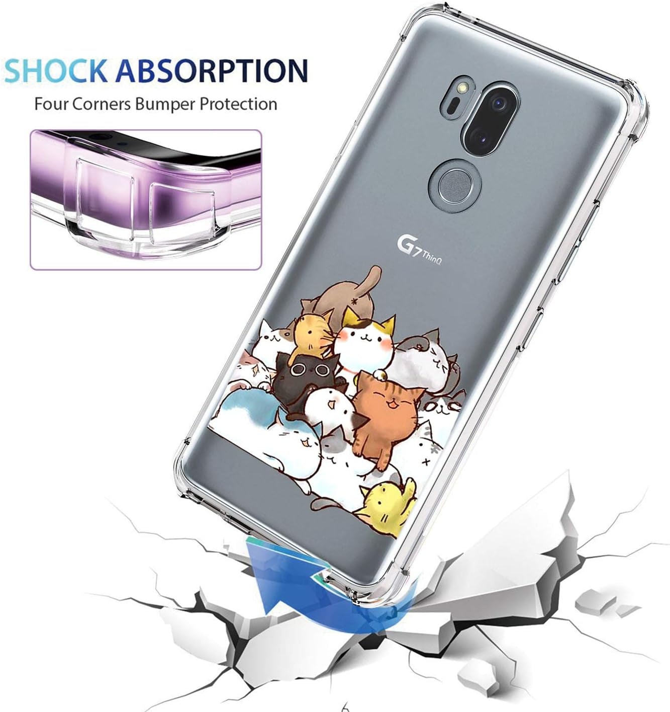KIOMY Case for LG G7 Thinq for Girls Boy Clear with Cute Cat Design Shockproof Bumper Protective Lovely Funny Kitty Cell Phone Back Cover Flexible Slim Fit Soft Rubber Kitten Skin for LG G7 Kids Women  KIOMY   