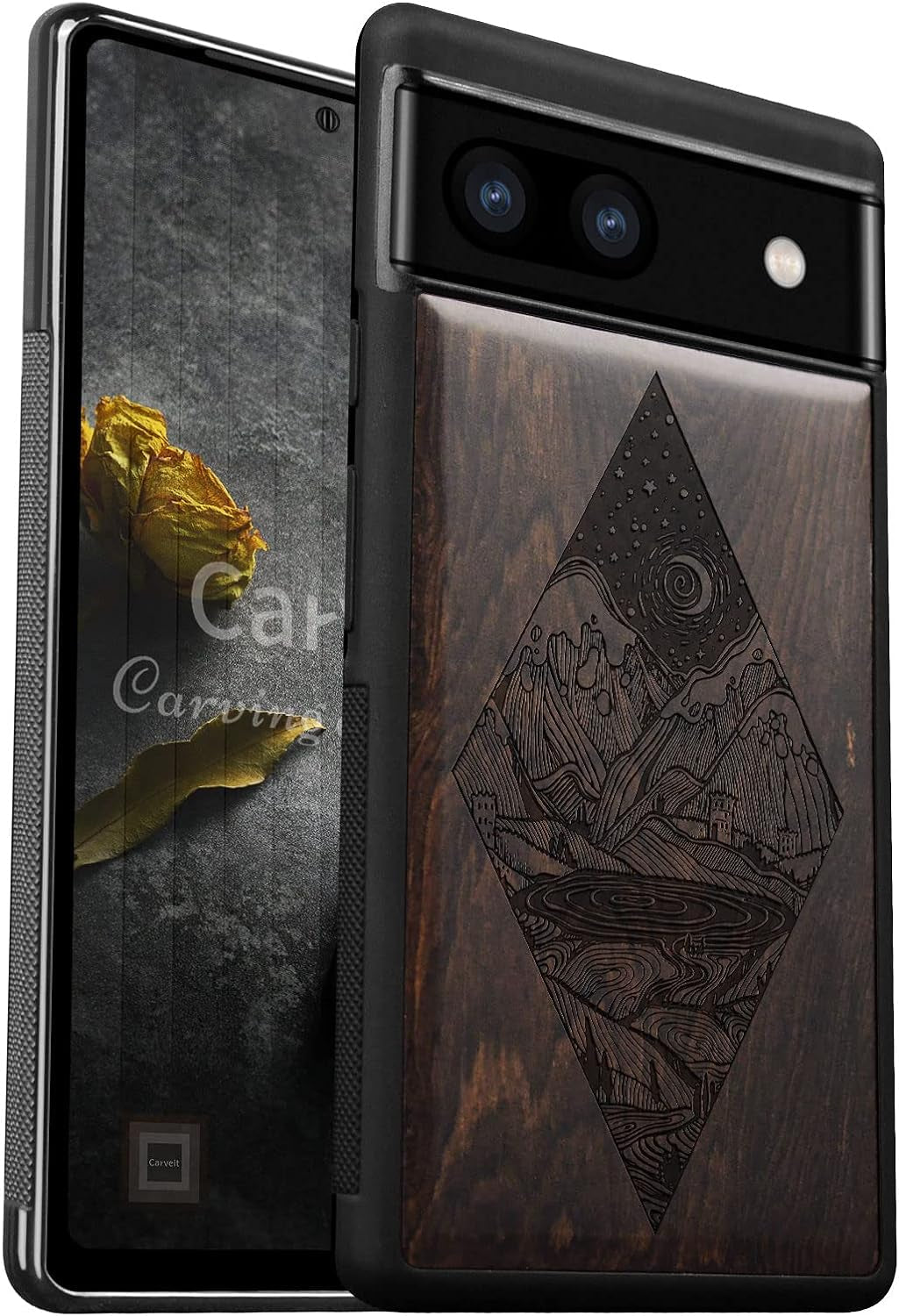 Carveit Wood Case for Pixel 6A Case 2022 [Natural Wood & Black Soft TPU] Shockproof Protective Cover Unique & Classy Wooden Case Compatible with Google Pixel 6A Case (Starry Night-Rosewood)  Carveit Blackwood-Pixel 6A Pixel 6A (6.1 Inch) 