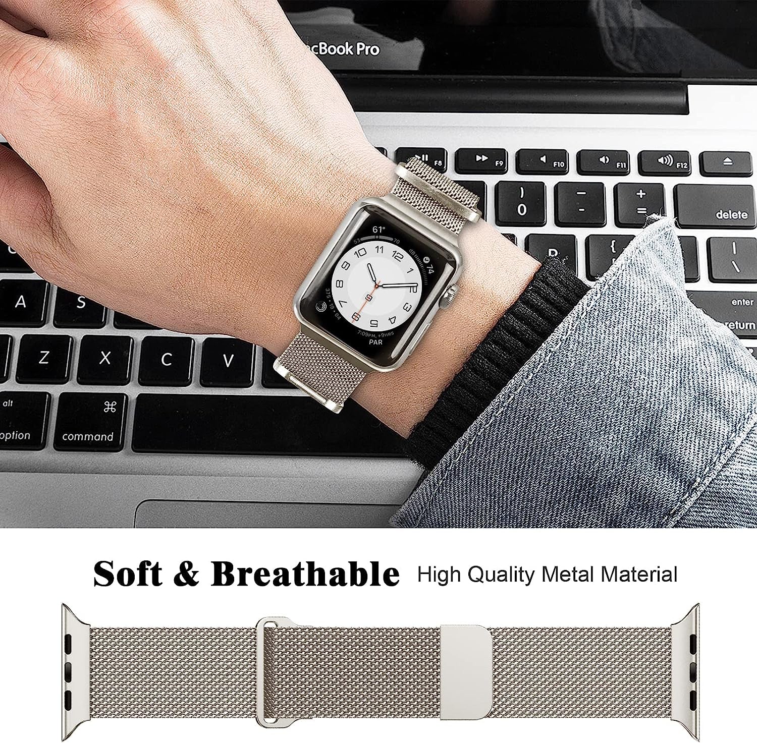 Geoumy Metal Magnetic Bands Compatible for Apple Watch Band 45Mm with Case, Stainless Steel Milanese Mesh Loop Replacement Strap Compatible with Iwatch Series 8/7/6/5/4/3/2/1 SE Women Men,Starlight  Geoumy   
