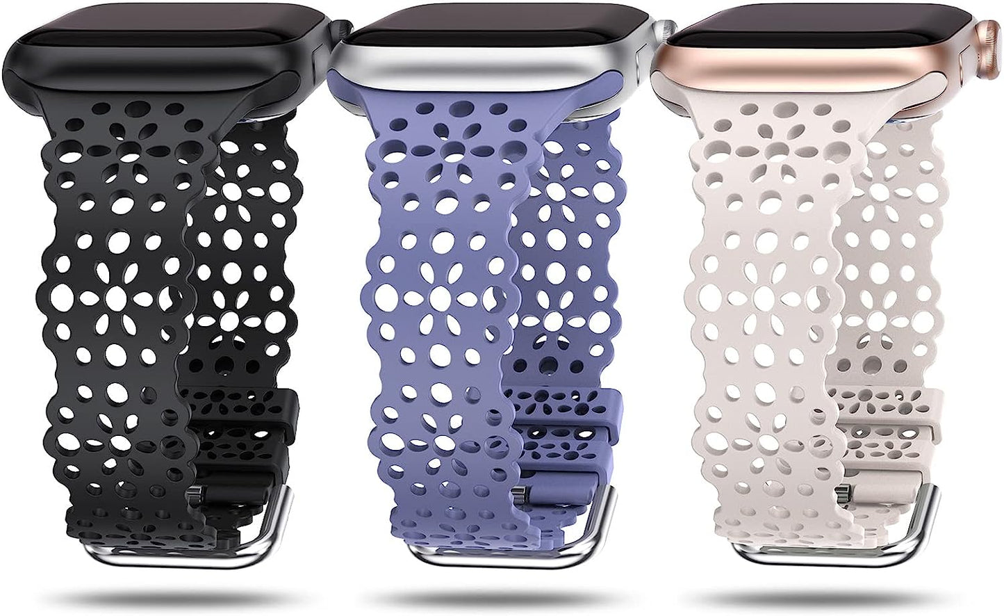 TOYOUTHS Compatible with Apple Watch Band Women 41Mm 40Mm 38Mm Soft Stretchy Silicone Lace Flower Cut-Outs Scalloped Breathable Waterproof Lacy Band for Iwatch Series 8 7 6 5 4 3 2 1 SE  TOYOUTHS Black/Lavender/Starlight 49/45/44/42mm 