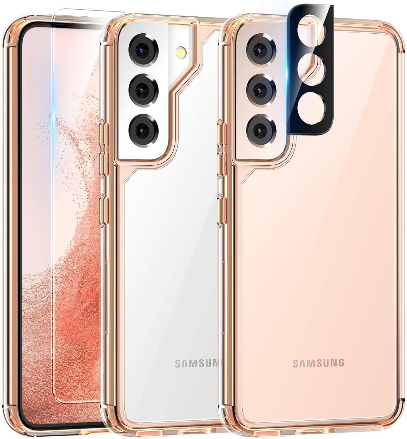 TAURI 5-In-1 Shockproof Galaxy S22 plus Case 6.6" 5G: 2-Pack Tempered Glass + 2 Camera Lens Protectors, Military Grade Slim Cover - Black  TAURI Rose Gold S22 Plus-6.6 Inch 