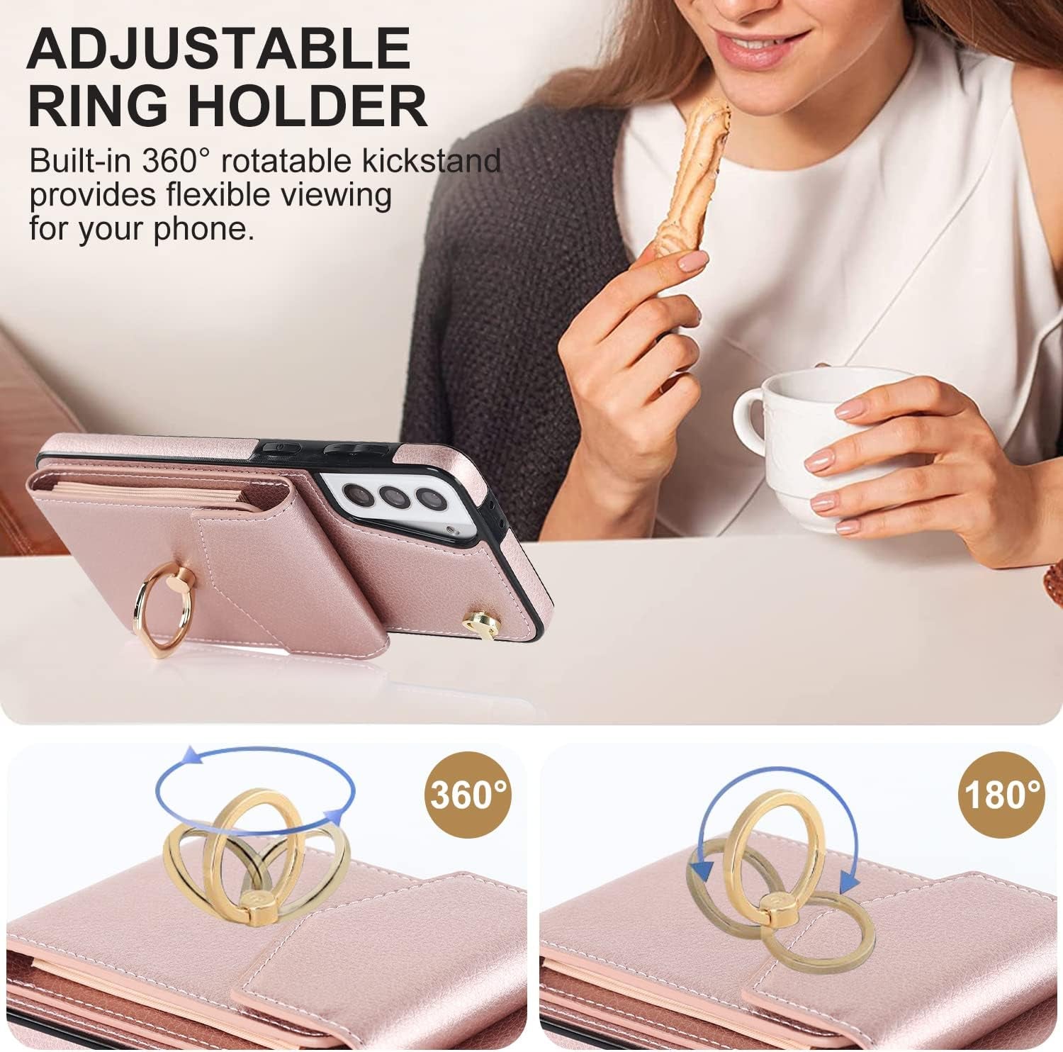 Asuwish Phone Case for Samsung Galaxy S21 plus S21+ 5G Wallet Cover with Tempered Glass Screen Protector and RFID Blocking Ring Credit Card Holder Cell S21+5G S21Plus 21S + S 21 21+ G5 Women Rose Gold  Asuwish   