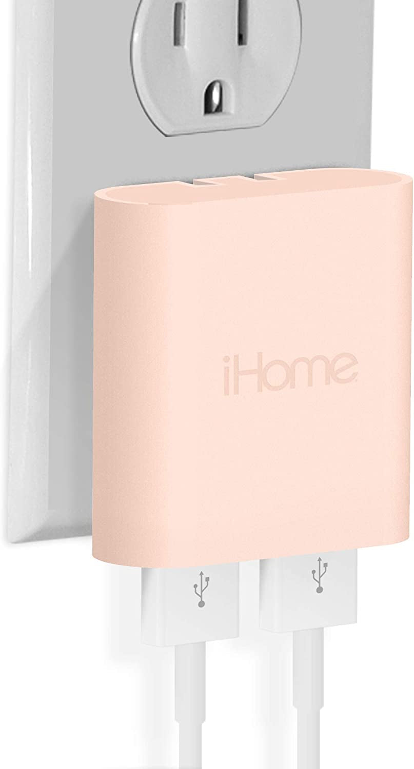 Ihome Slim USB Wall Charger: AC Pro Multiport USB Charger, USB Plug Adapter & Phone Charging Block, 4 USB Plugs for Wall Outlet, Flat 4 Port USB Charger & USB Wall Adapter  iHome by Lifeworks Technology Pastel Pink 2 Port Rapid Charge 