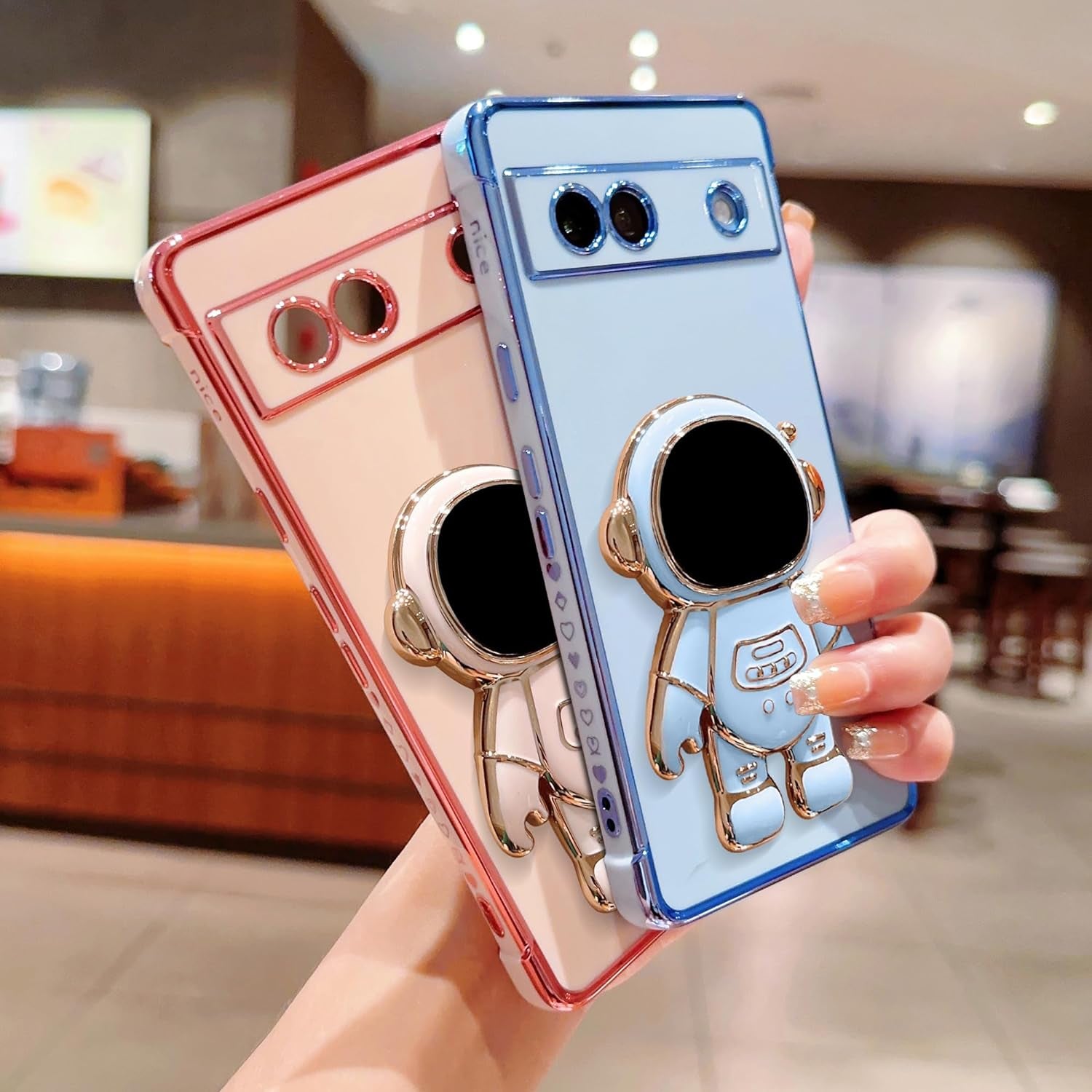 Phylla Phone Case for Google Pixel 7A 6.1” 5G,Luxury Plating Astronaut Stand Holder Phone Case with Cute Love Heart Side Small Pattern Soft Silicone Shockproof Kickstand Cover Bumper (Pink)  phylla   