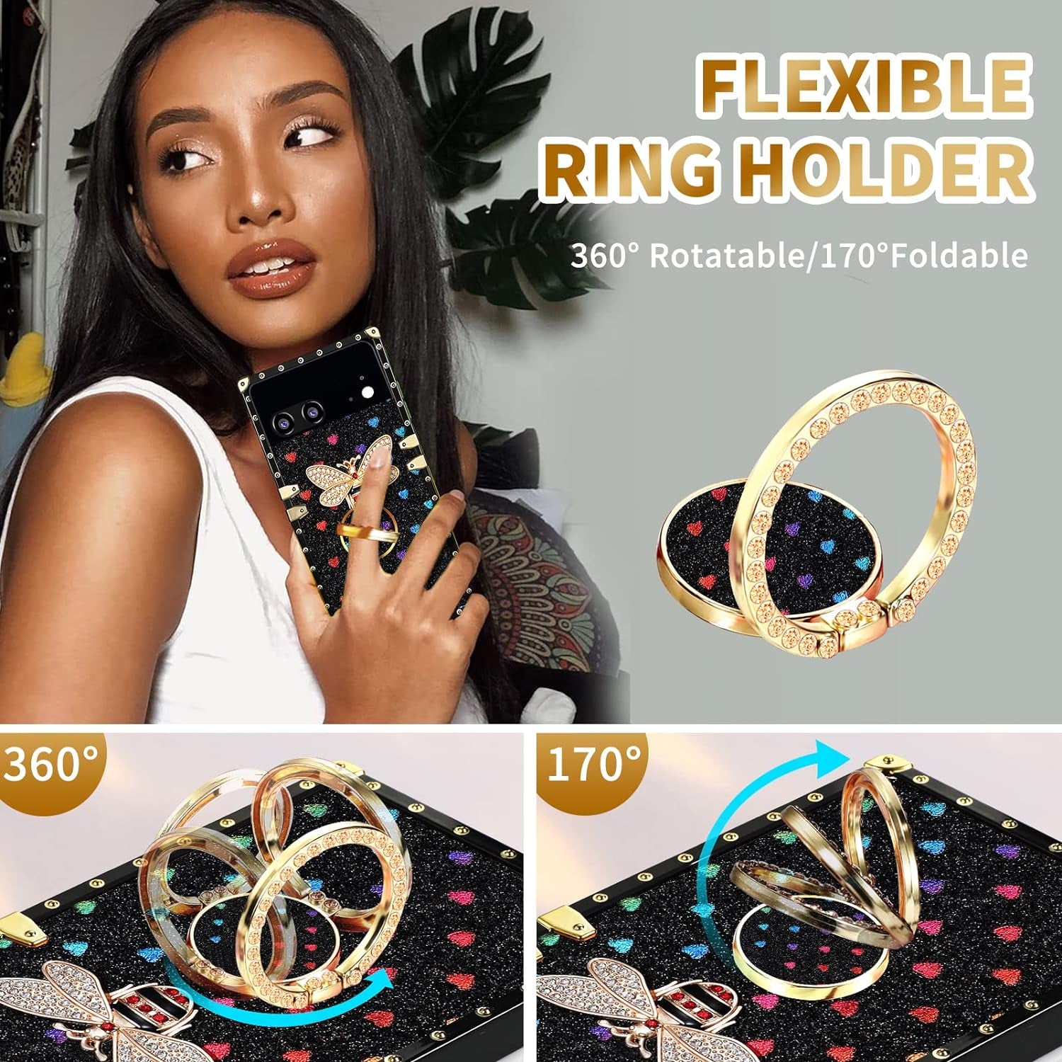 Loheckle for Pixel 6 Case for Women, Designer Square Cases for Google Pixel 6 with Ring Stand Holder and Lanyard, Stylish Bees Luxury Cover for Pixel 6 Case 6.4 Inch  Loheckle   