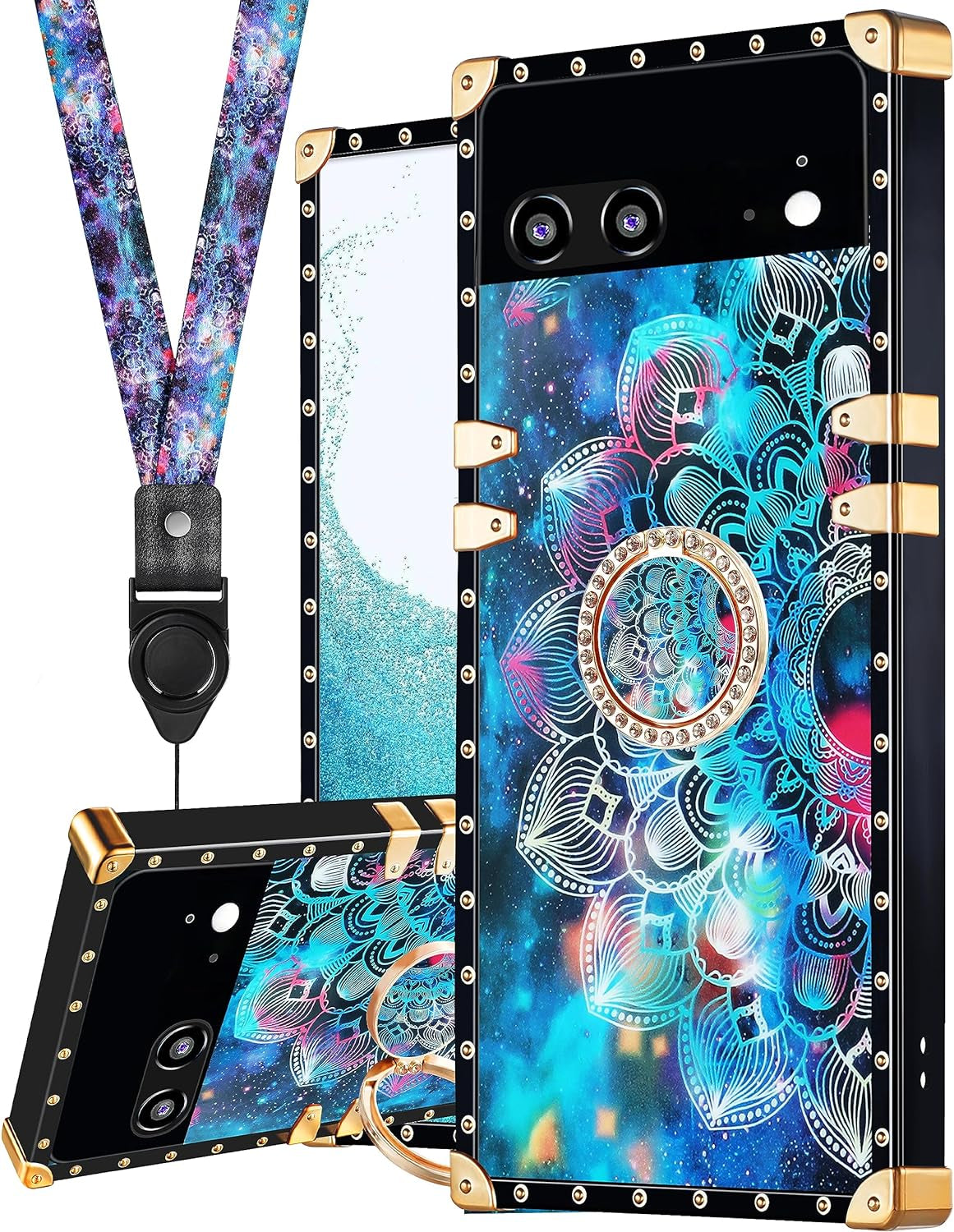 Loheckle for Pixel 6 Case for Women, Designer Square Cases for Google Pixel 6 with Ring Stand Holder and Lanyard, Stylish Bees Luxury Cover for Pixel 6 Case 6.4 Inch  Loheckle Mandala Pixel 6 