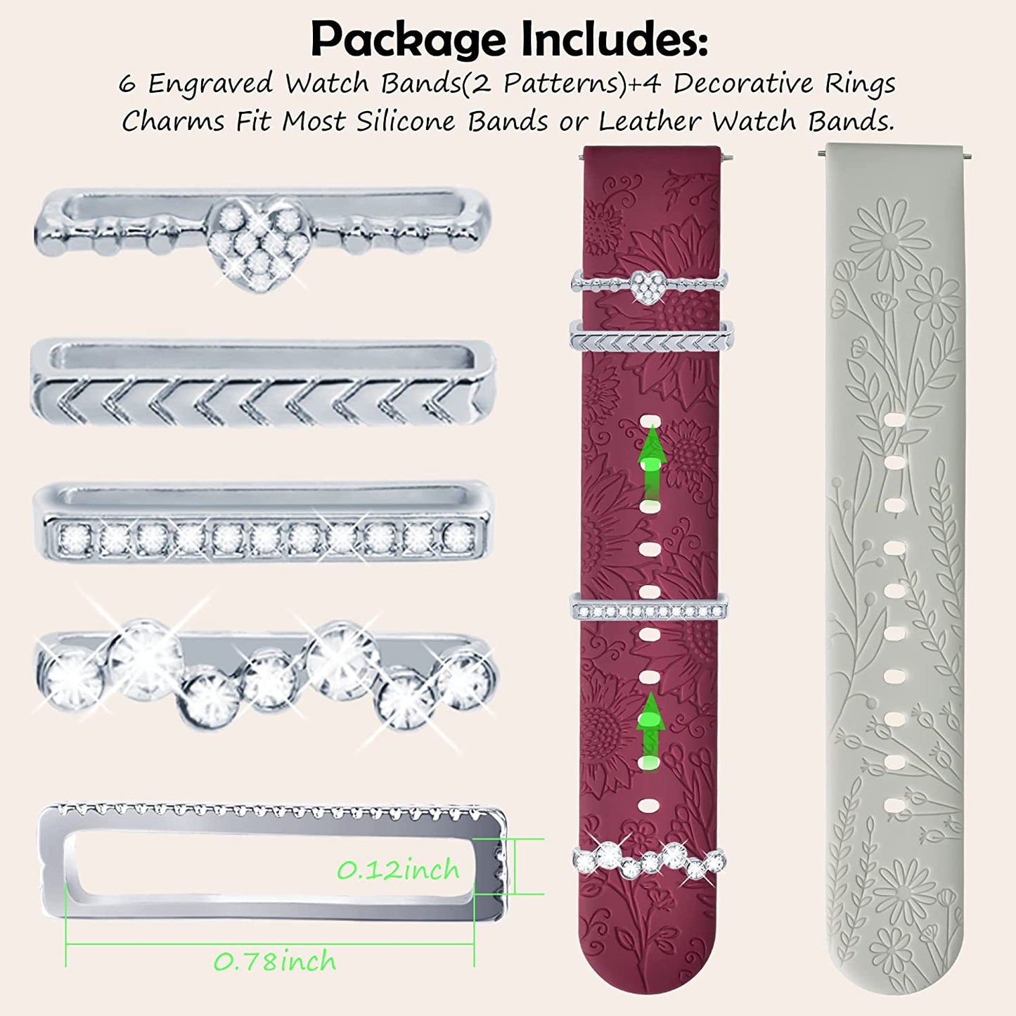 6 Pack Bands for Samsung Galaxy Watch 5 & 4 Band with 4 Charms, YOPICKERN 20Mm Women Floral Engraved Silicone Strap with Decorative Rings Loops for Active 2/Watch 5 Pro/Watch 4 Classic 46Mm 42Mm/Watch 3 41Mm  YOPICKERN   