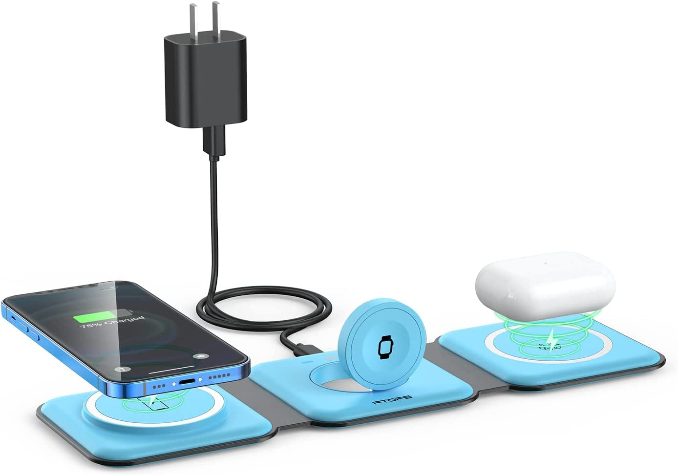 Wireless Charger 3 in 1,RTOPS Magnetic Travel Wireless Charging Station Multiple Devices,Gan 3 in 1 Charging Station,Compatible for Iphone 14/13/12/Pro/Max,Iwatch,Airpods 3/2/Pro(Adapter Includes)  DongGuanShi WeizhiChuang Technology Co., Ltd Ice blue  