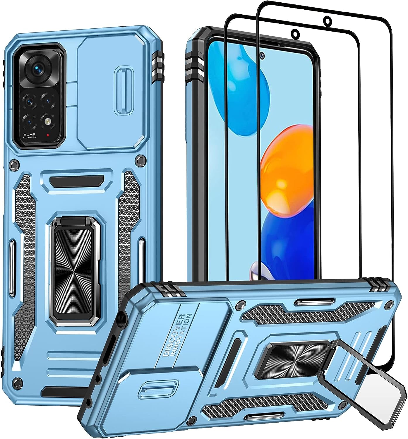 Wefor Xiaomi Redmi Note 11 (4G) Case with Slide Camera Cover, 360°Magnetic Ring Kickstand Upgraded Military Grade Shockproof Case with Magnetic Car Mount Holder (Navy Blue)  Wefor Blue  