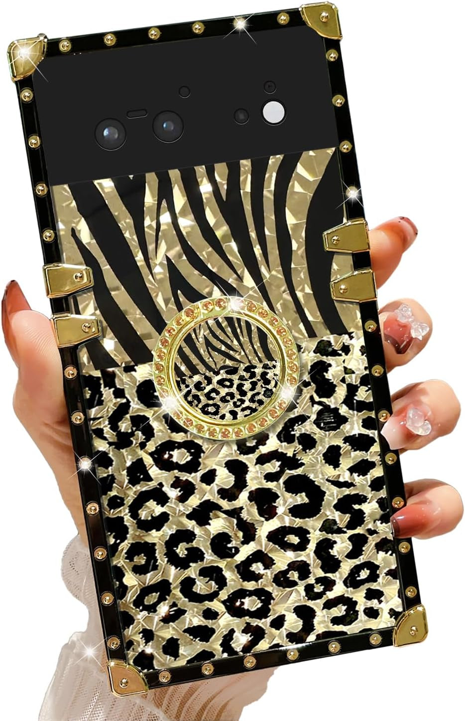 Designed for Google Pixel 6 Phone Case Luxury Square Case Drop Shockproof Protection Cover Elegant Cute Shining Retro Golden Glitter Leopard Cheetah Case for Google Pixel 6 - Leopard  Easyscen Lips-Pixel 6  
