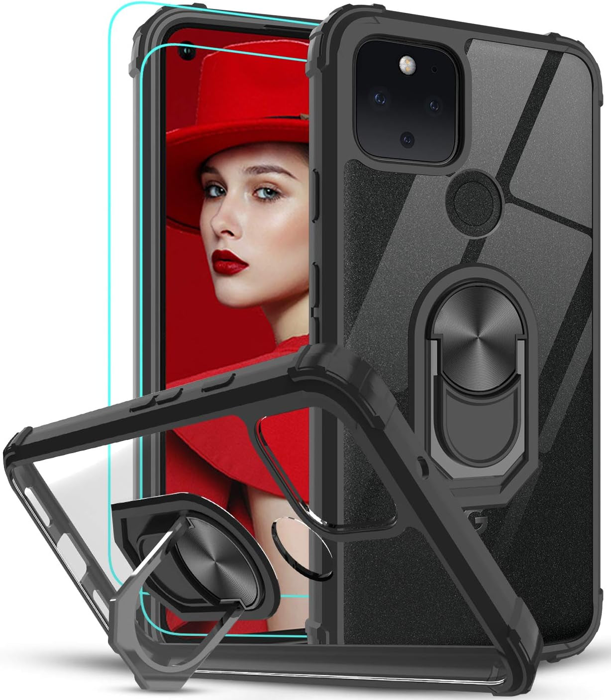 Leyi for Google Pixel 5 Case with 2PCS Screen Protector, [Military-Grade] Clear Crystal Shockproof Phone Case with Magnetic Car Ring Kickstand for Google Pixel 5, Black  LeYi   