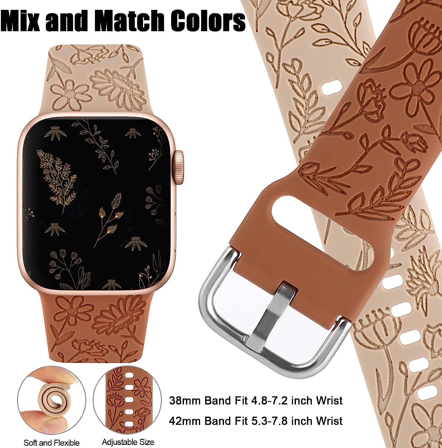 2 Pack Flower Engraved Sport Strap Compatible with Apple Watch Bands 38Mm 40Mm 41Mm, Women Floral Laser Soft Silicone Wristband Replacement Iwatch Series 8 7 6 5 4 3 2 1 SE  TERKOWQI   