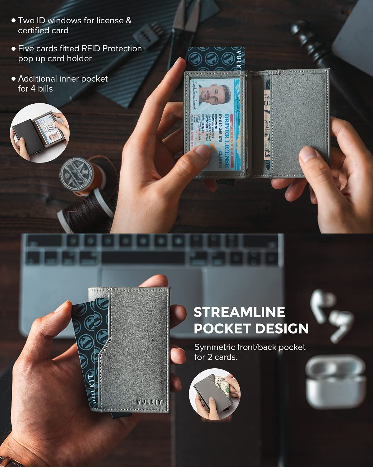 VULKIT Card Holder with ID Window Pop up Cards Slim Leather Wallet RFID Protection up to 12 Cards Card Case  VULKIT   