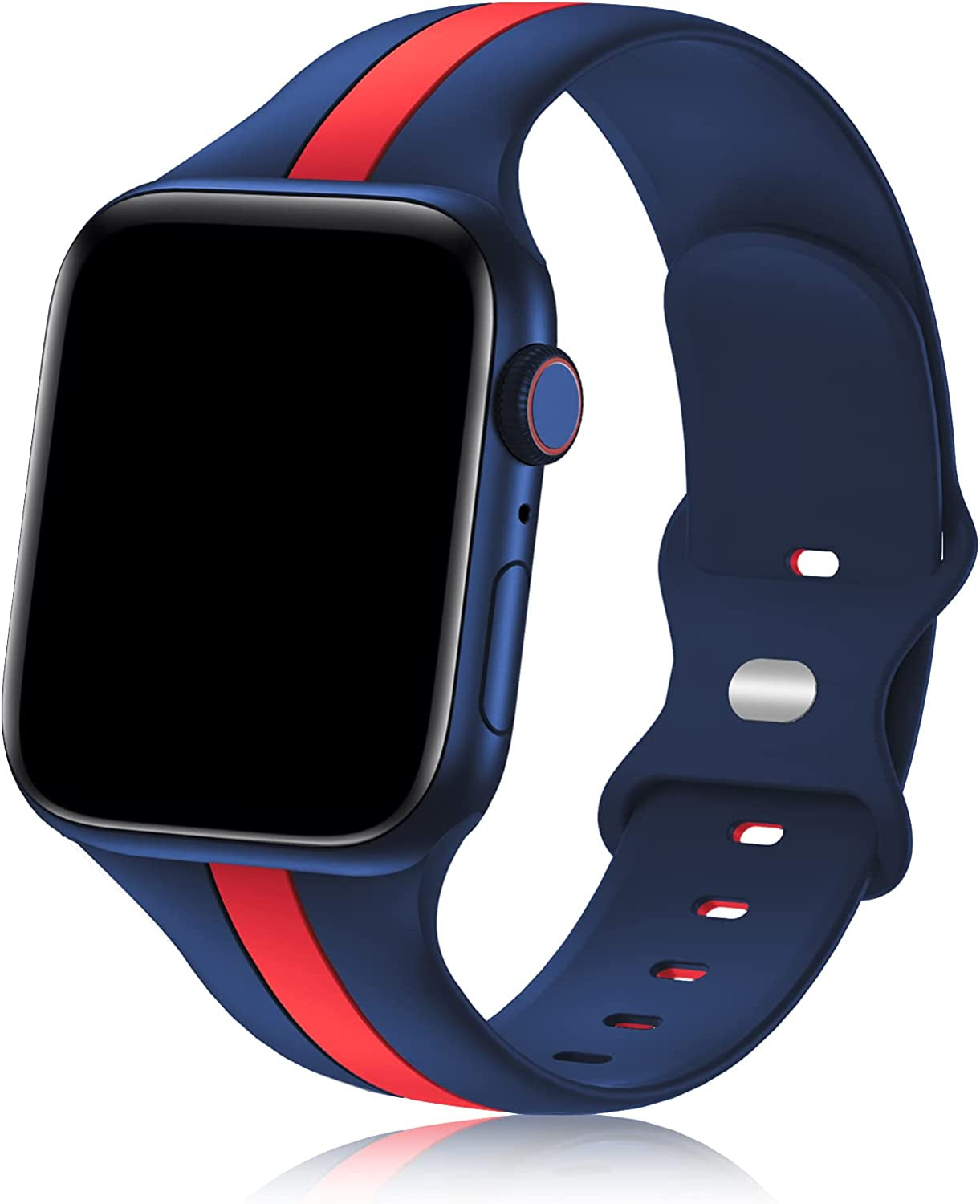 Designer Sport Band Compatible with Apple Watch Iwatch Bands 38Mm 40Mm 41Mm 42Mm 44Mm 45Mm 49Mm Men Women, Soft Silicone Strap Wristbands for Apple Watch Series 8/7/6/5/4/3/2/1/Se/Ultra  seizehe Blue Red 38mm/40mm/41mm 