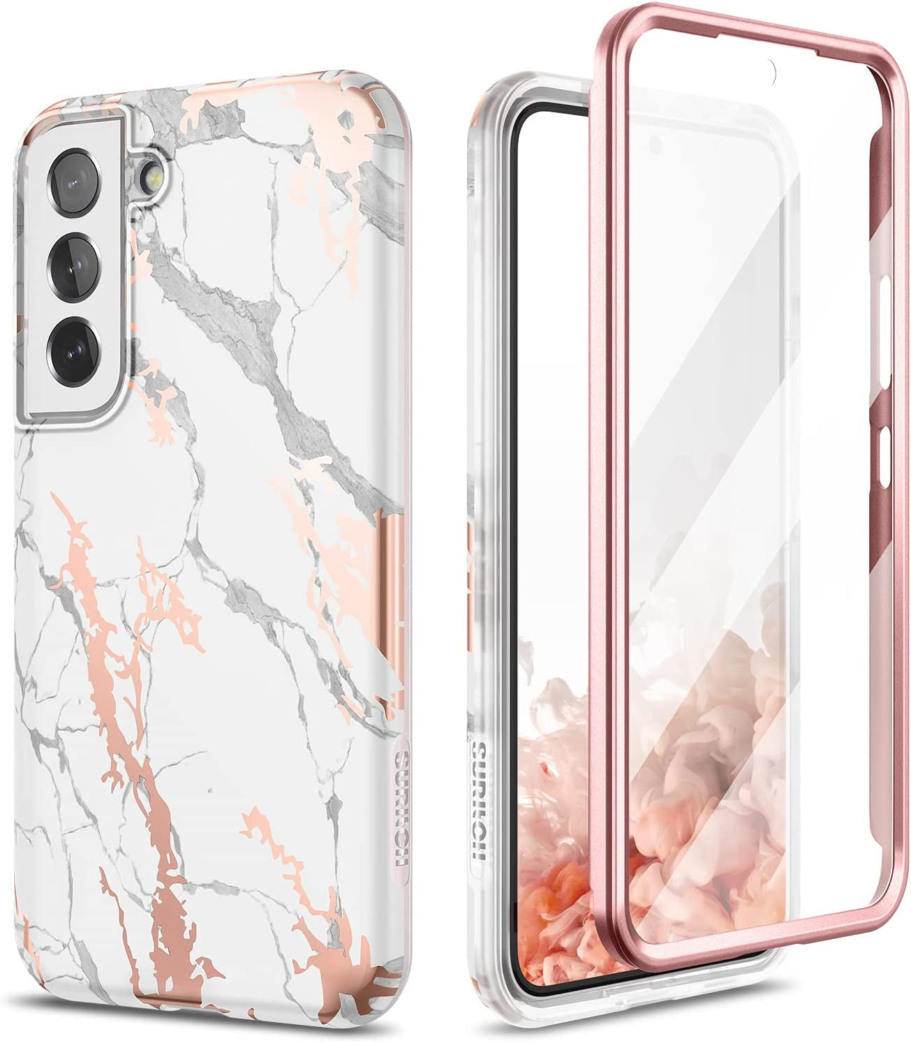 SURITCH for Samsung Galaxy S22 Case, [Built-In Screen Protector] Full Body Protection Shockproof Rugged Bumper Slim Soft Silicone Protective Cover for Galaxy S22 6.1 Inch (Green Mandala)  SURITCH White Marble  