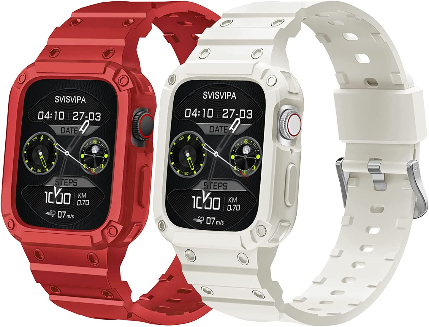 [2 Pack] SVISVIPA Band with Case Compatible for Apple Watch 45Mm 44Mm 42Mm Iwatch Series 8 7 SE 6 5 4 3 2 1 Strap, Men Women Sport Strap with Bumper Rugged Shockproof Military Protective, 2 Pack (Black，Army Green）  SVISVIPA Red/Starlight 42mm/44mm/45mm 