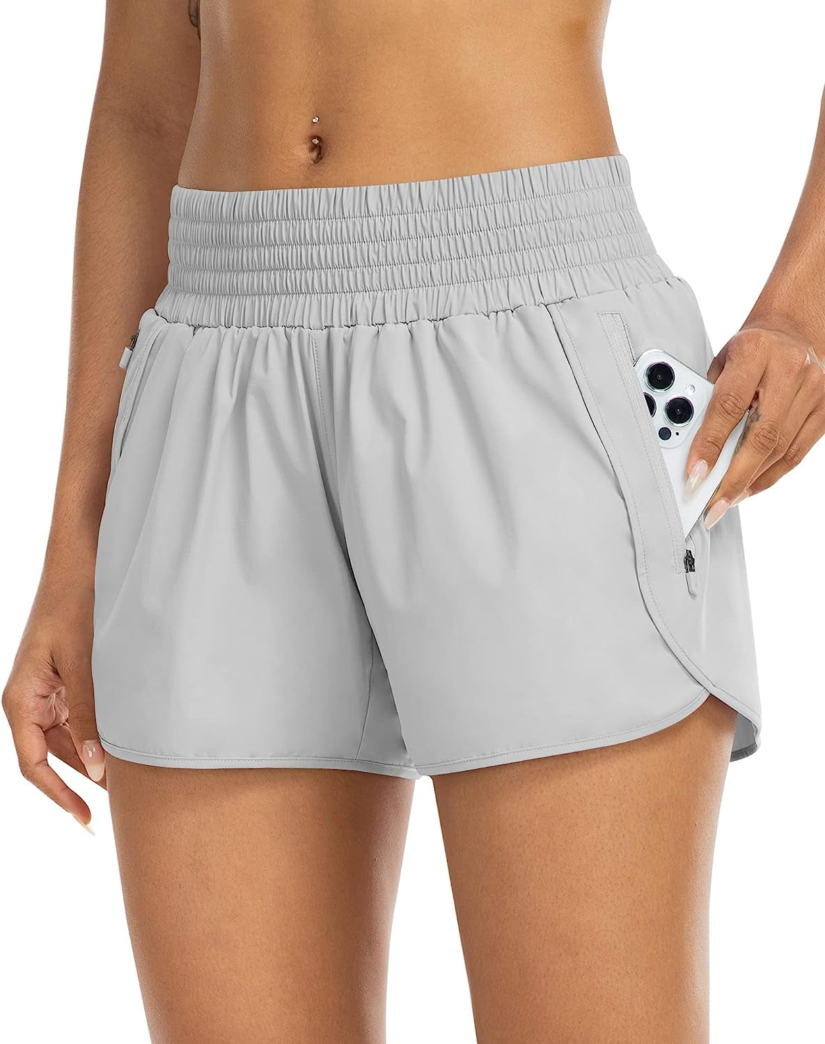 YEZII Athletic Shorts for Women with Pockets High Waist Running Workout Shorts Gym Yoga White Summer Shorts  YEZII Gray X-Large 
