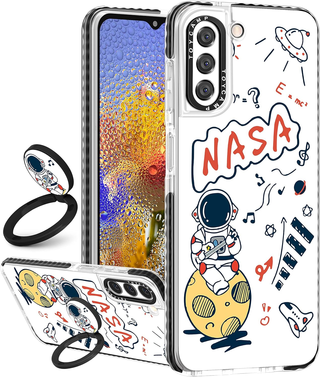 Toycamp for Samsung Galaxy S22 Case for Women, Colorful Butterfly Cute Girly Print Design for Girls Teens Case with Ring Kickstand (6.1 Inch), Black  Toycamp White Astronaut Cartoon  